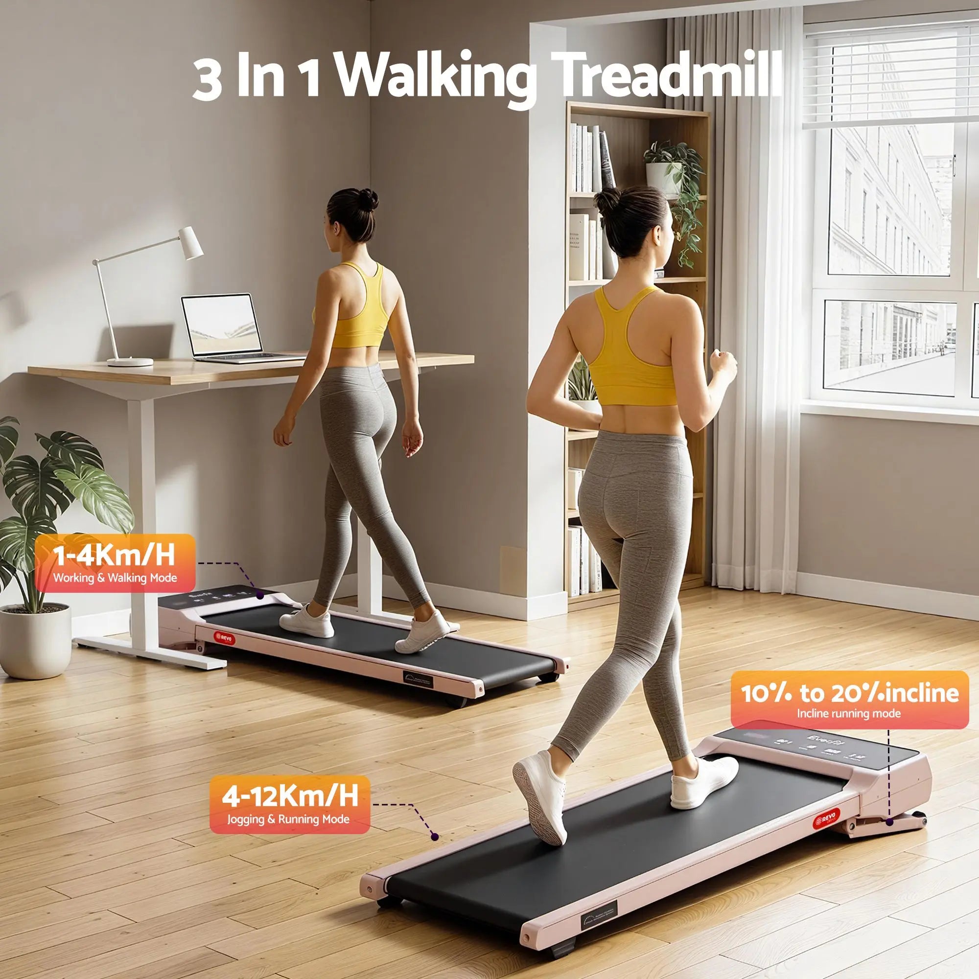 Everfit 3 in 1 Walking Pad Treadmill 20% Auto Incline Under Desk Treadmills for Home Gym With 40cm Wide Belt Pink Wholesale Hub