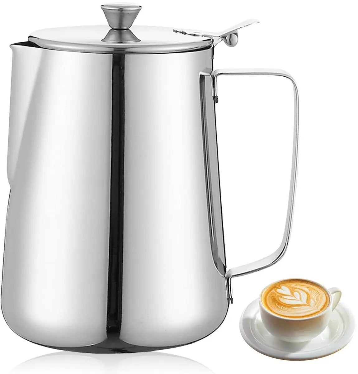 Milk Jug - Barista Latte Artisan Accessories with Lid - 600ml Milk Jug - Stainless Steel Milk Jug with Lid - Milk Frothing Jug - Coffee Milk Jug with Cup - Suitable for Cappuccino, Espresso, and Barista Use Wholesale Hub