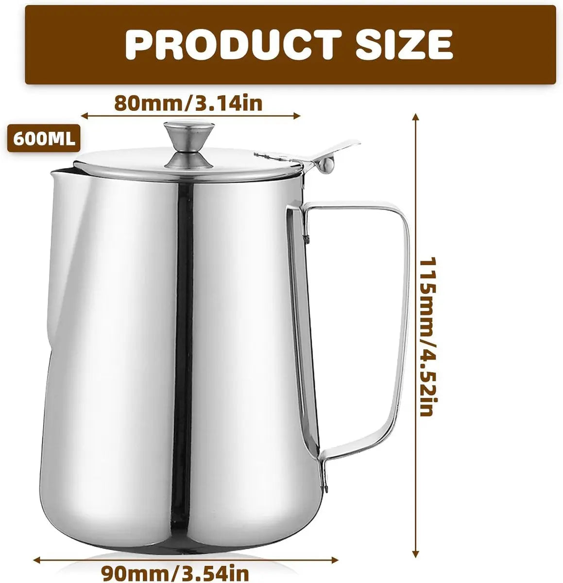 Milk Jug - Barista Latte Artisan Accessories with Lid - 600ml Milk Jug - Stainless Steel Milk Jug with Lid - Milk Frothing Jug - Coffee Milk Jug with Cup - Suitable for Cappuccino, Espresso, and Barista Use Wholesale Hub