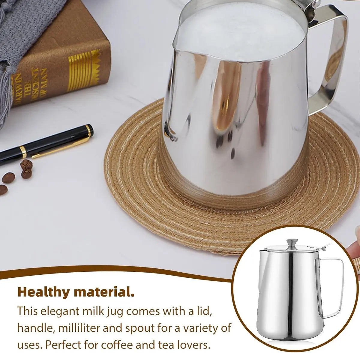 Milk Jug - Barista Latte Artisan Accessories with Lid - 600ml Milk Jug - Stainless Steel Milk Jug with Lid - Milk Frothing Jug - Coffee Milk Jug with Cup - Suitable for Cappuccino, Espresso, and Barista Use Wholesale Hub