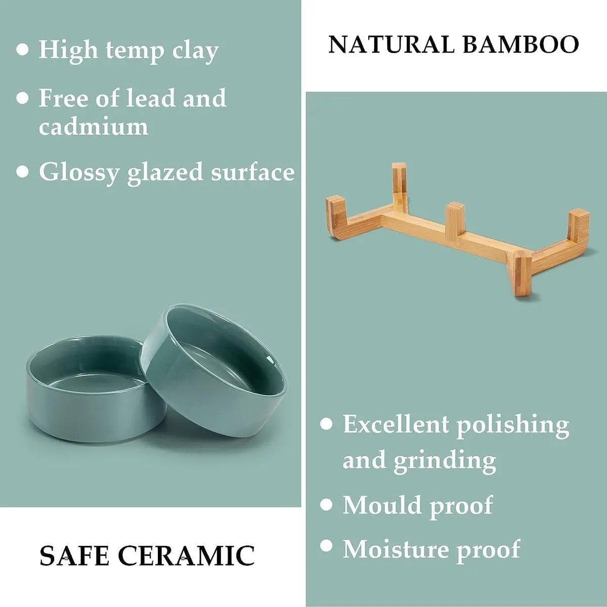 Cat Litter Box - Dog Bowl - Ceramic Food Bowl Set for Cat and Dog - With Wooden Base, Modern and Cute Design, Weighted and Non-Slip - Suitable for food and water - Suitable for cats, small dogs, and puppies (Capacity: 390 ml / Diameter: 13 cm) Wholesale Hub