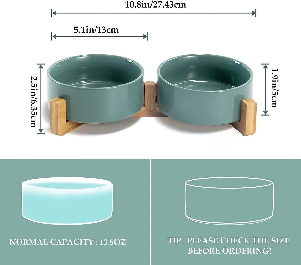 Cat Litter Box - Dog Bowl - Ceramic Food Bowl Set for Cat and Dog - With Wooden Base, Modern and Cute Design, Weighted and Non-Slip - Suitable for food and water - Suitable for cats, small dogs, and puppies (Capacity: 390 ml / Diameter: 13 cm) Wholesale Hub