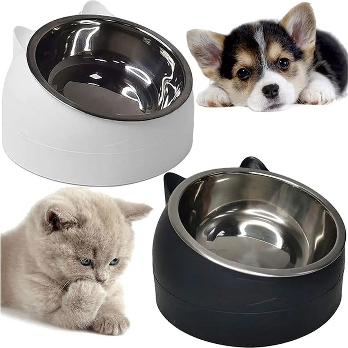 2 pieces - food bowls for cats - Dog food bowl - black, white - 200 ml - Drinking bowl for dogs and cats - Stainless steel - With cat head shape Wholesale Hub