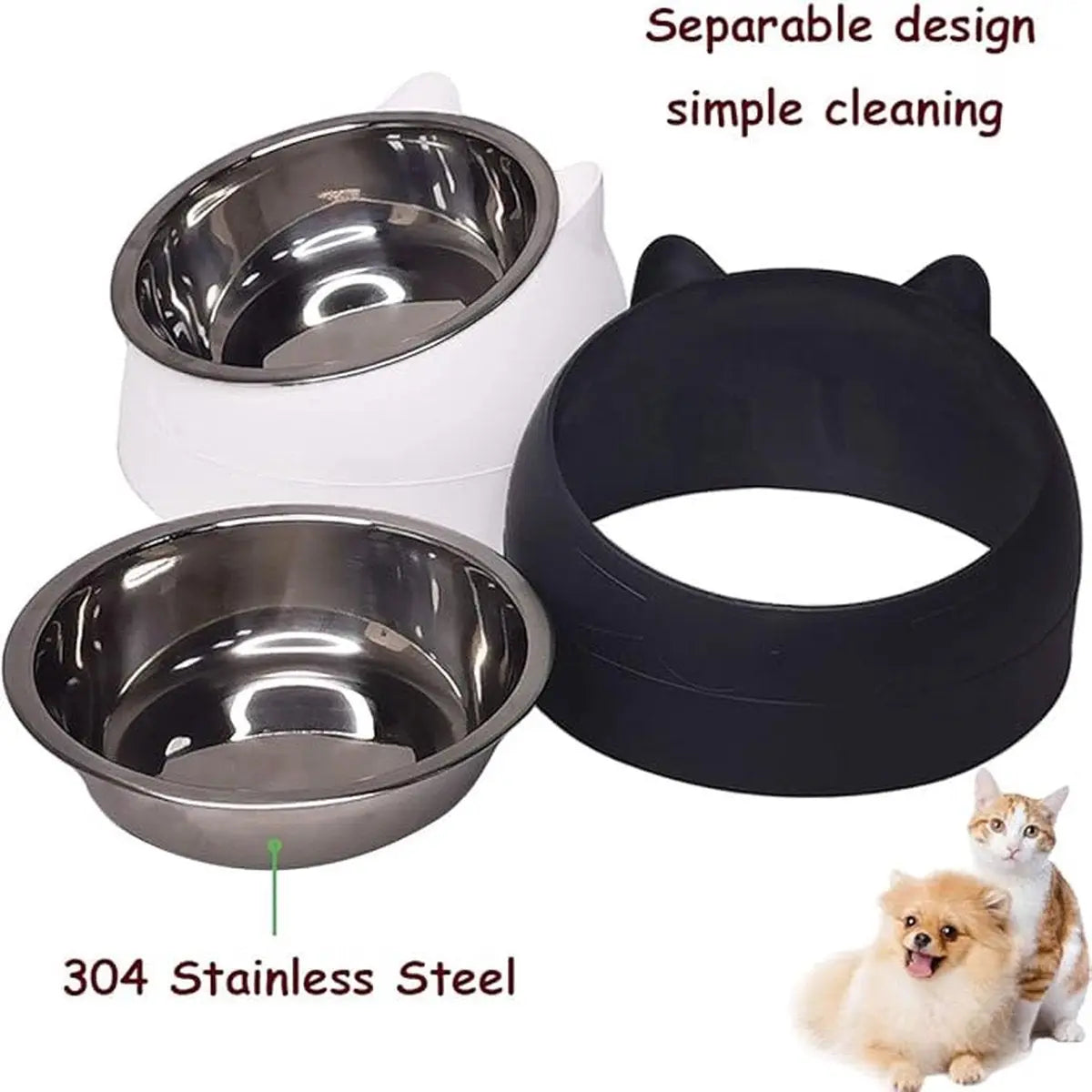 2 pieces - food bowls for cats - Dog food bowl - black, white - 200 ml - Drinking bowl for dogs and cats - Stainless steel - With cat head shape Wholesale Hub