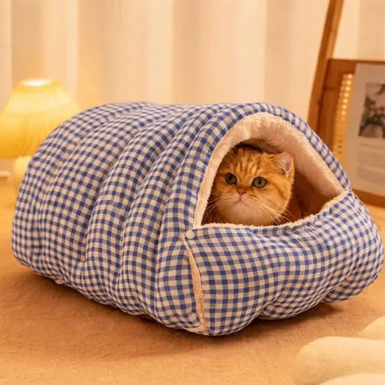 Cat House - Cat Basket - Plush and Warm - Removable and Washable - Closed Cat Bed for Winter - Suitable for Indoor and Outdoor Use in Winter, Camping, Travel, Bedroom, Living Room and Apartment - Blue and White Checkered Pattern Wholesale Hub