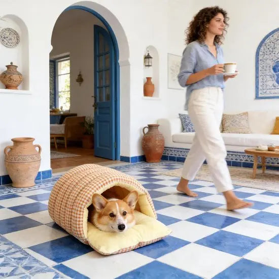 Cat House - Cat Basket - Plush and Warm - Removable and Washable - Closed Cat Bed for Winter - Suitable for Indoor and Outdoor Use in Winter, Camping, Travel, Bedroom, Living Room - Orange and White Checkered Pattern Wholesale Hub