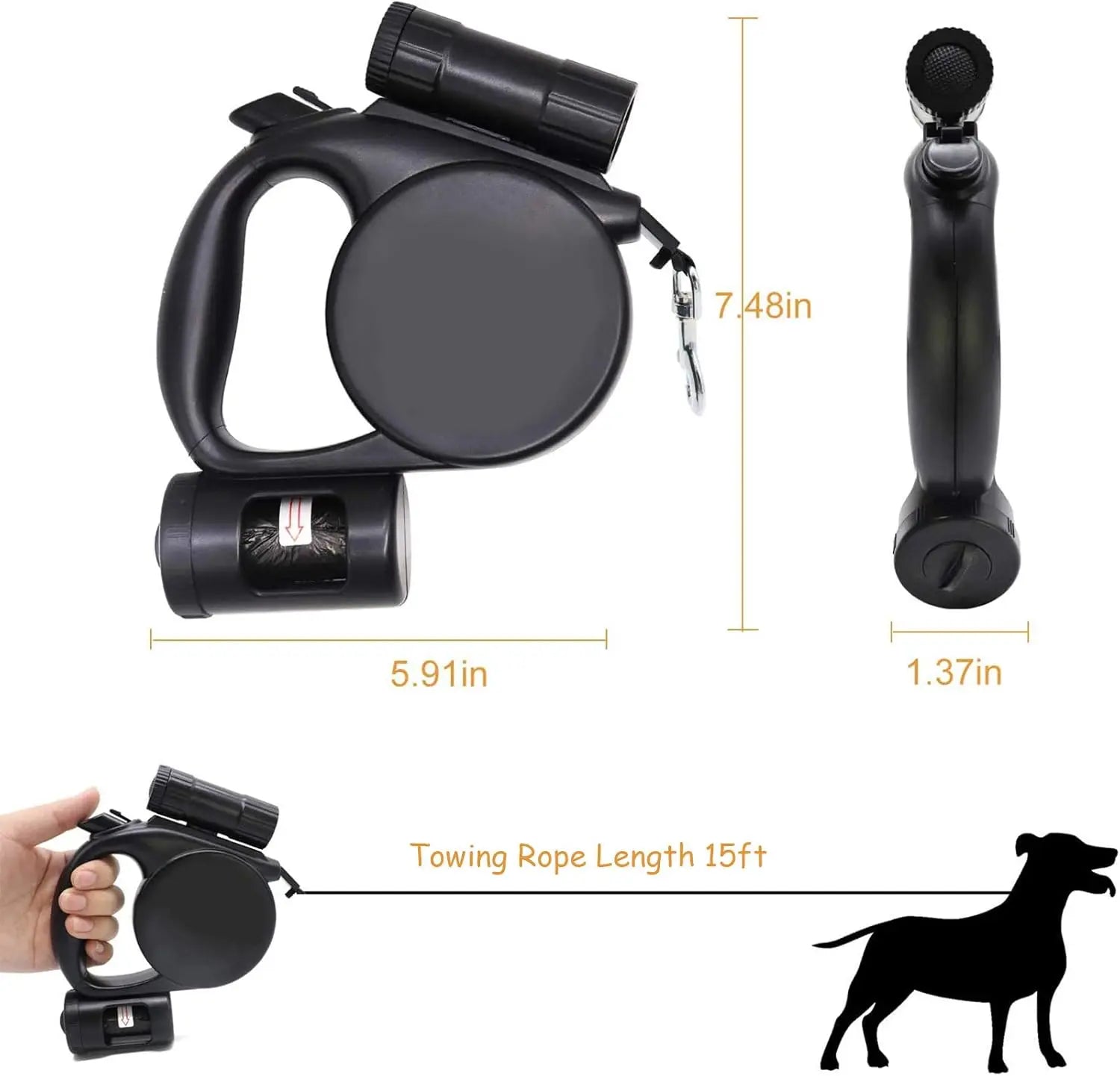 Retractable Dog Leash - Storage Box - 4.5 m - Illuminated - Black - 1 pc Wholesale Hub