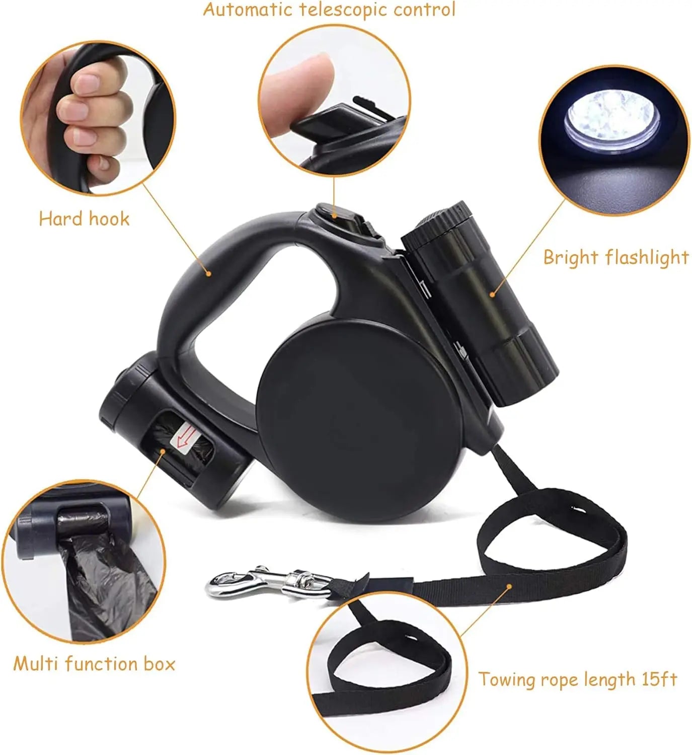 Retractable Dog Leash - Storage Box - 4.5 m - Illuminated - Black - 1 pc Wholesale Hub