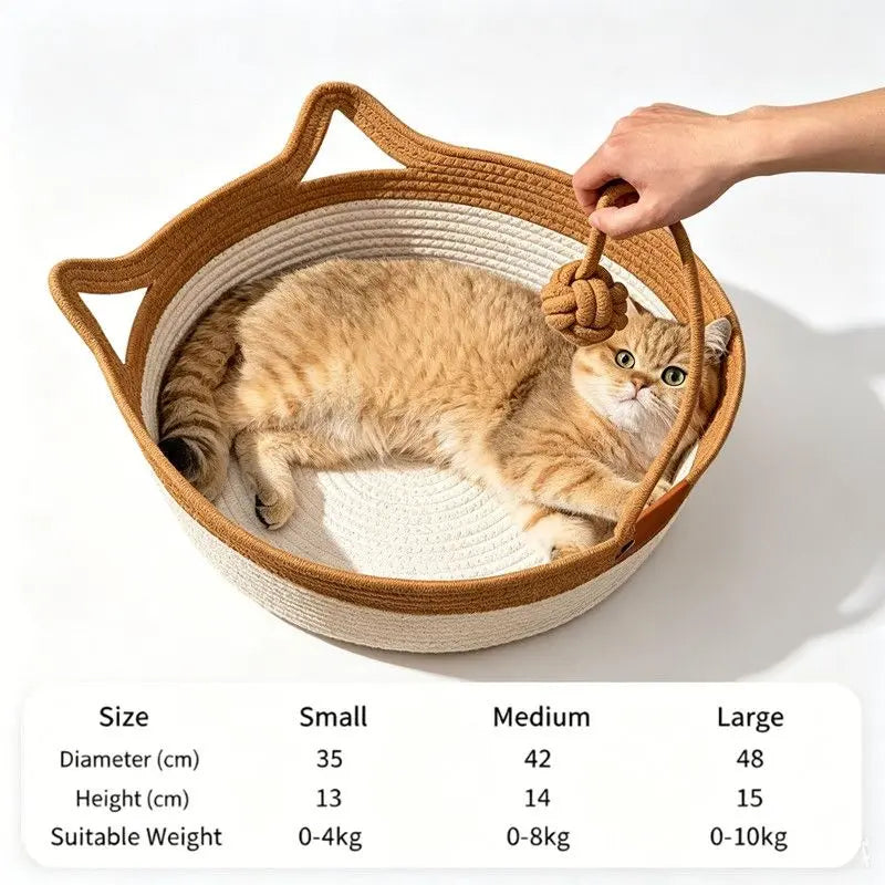Cat Bed Rope Cotton, Cotton Rope Woven Round Cat Beds Basket with Built-in Teasing Ball, Handwoven Foldable Scratchable for Small & Large pet Brown（M） Wholesale Hub