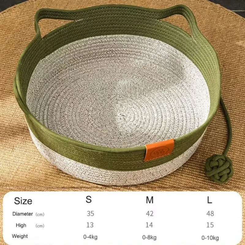 Cat Bed Rope Cotton, Cotton Rope Woven Round Cat Beds Basket with Built-in Teasing Ball, Handwoven Foldable Scratchable for Small & Large pet Green（L） Wholesale Hub