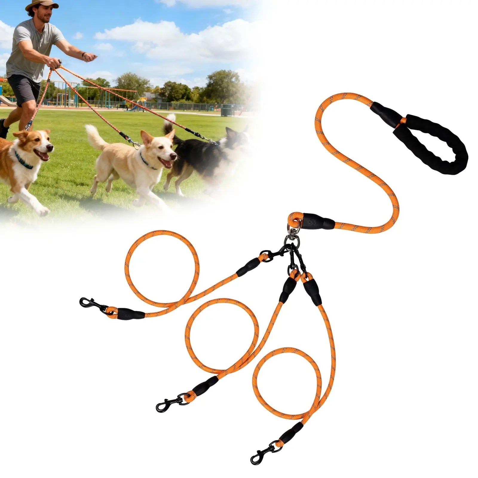 LGCASL 3 Dog Leash No Tangle, Heavy Duty Multiple Dog Lead Shock Absorbing Bungee, Triple Bungee Leash, Reflective Dog Leash Free Multi Pet Walking Rope with Detachable, Black Yellow Wholesale Hub