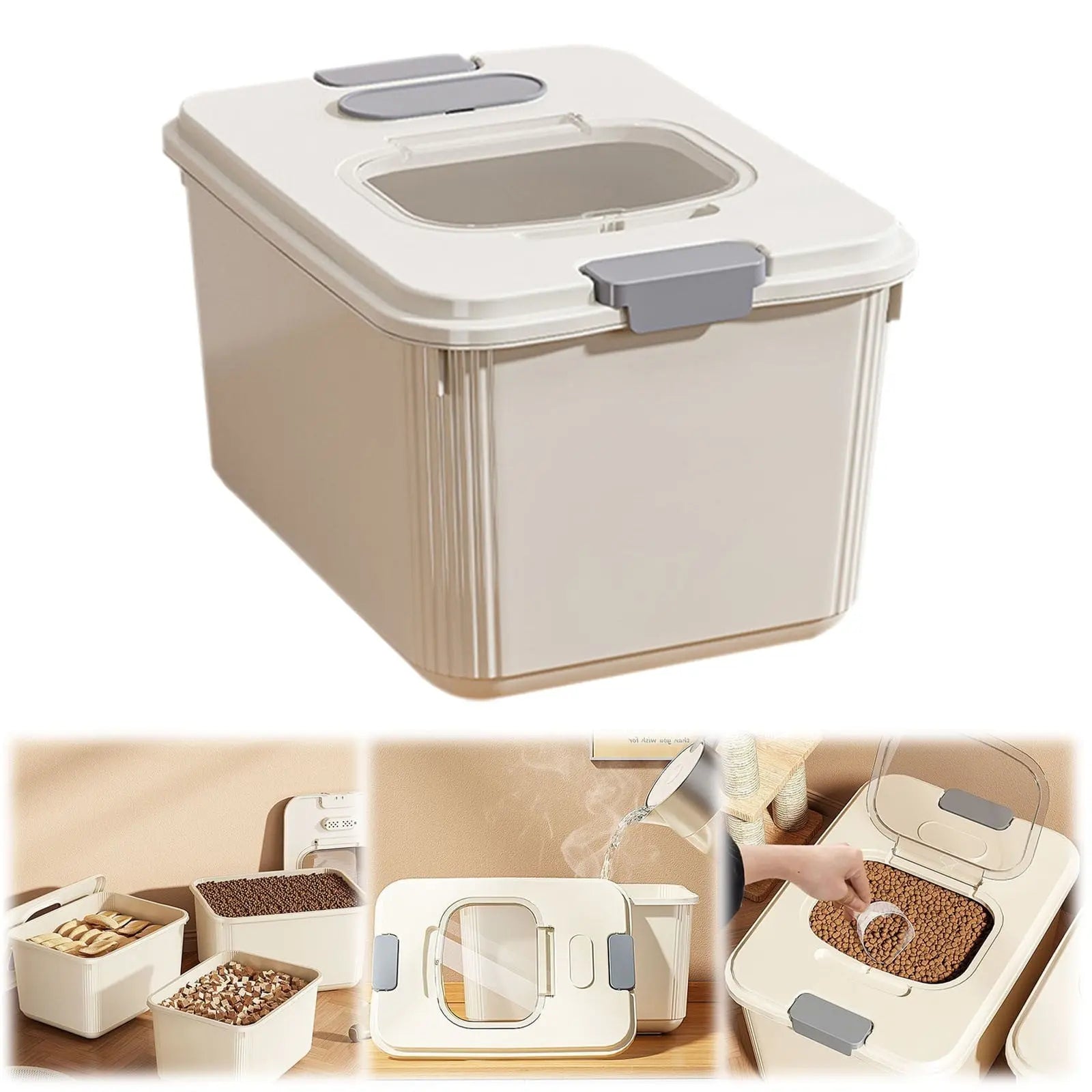 Airtight Pet Food Storage Container for Dog Cat Food Up to 10lbs Large Dry Food Bin with Measuring Cup Lids for Treats and Other Pets (10 LB), 6.31x9.44x7.08 9.96" x 13.18" x 7.95" Beige/Medium Wholesale Hub