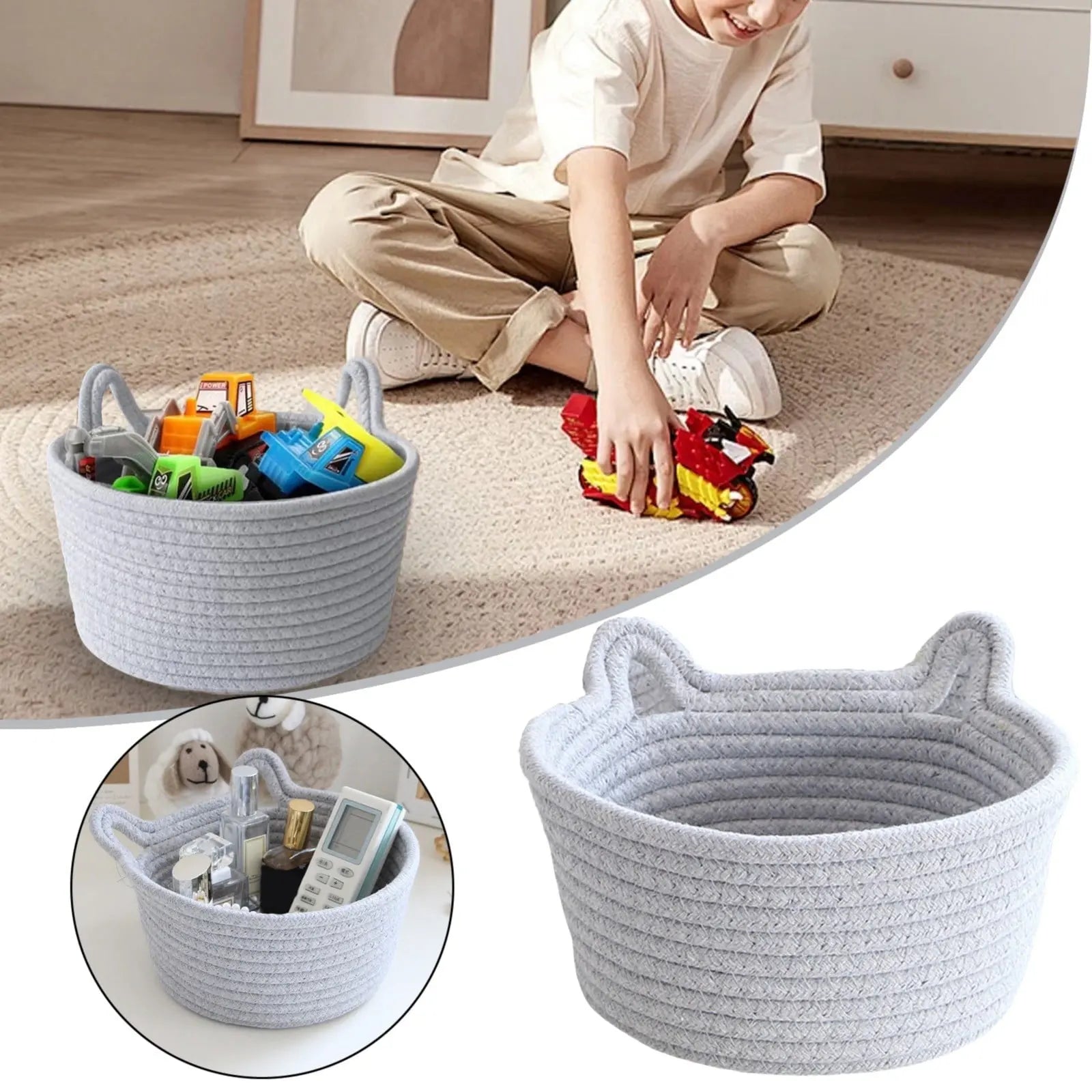 Small Cat Ears Toy Organizer, Woven Cotton Rope Basket, Decorative Nursery Bins & Boxes Gift Basket Empty for Pet Toy Storage, 1 Pcs, 7.8x3.93 8.27" x 4.72" Grey Wholesale Hub