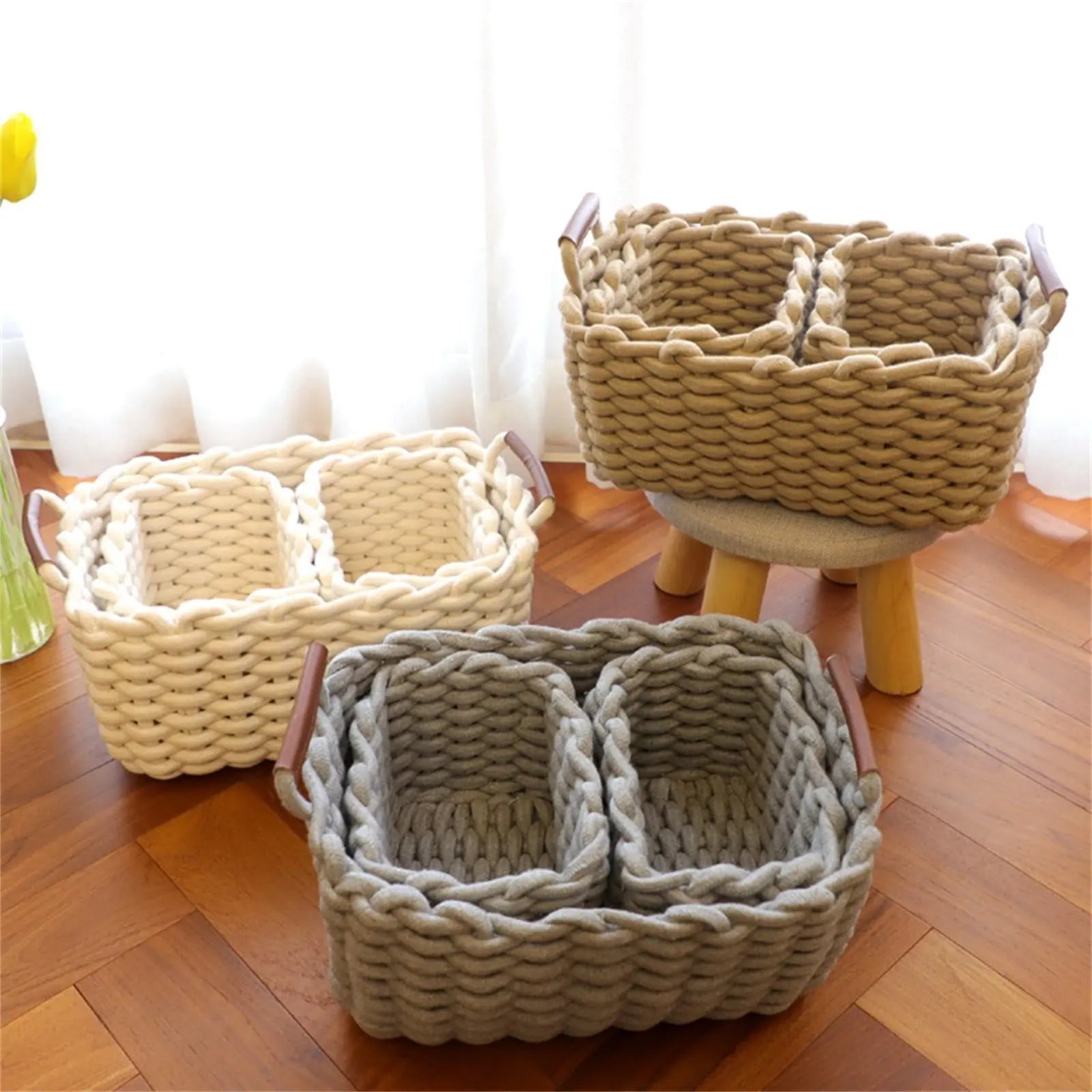 Small Cat Ears Toy Organizer, Woven Cotton Rope Basket, Decorative Nursery Bins & Boxes Gift Basket Empty for Pet Toy Storage, 1 Pcs, 7.8x3.93 8.66" x 5.91" x 5.51" Light Yellow Wholesale Hub