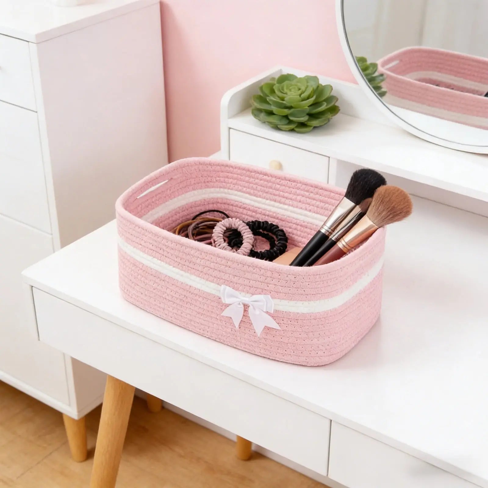 Large Woven Storage Basket, Holiday Gift Storage Basket with Handles for Living Room Shelves, Bow Basket for Empty with Gift Bags and Ribbons for Pet Toy Bin, Packaging Woven Storage Bin Pink Wholesale Hub