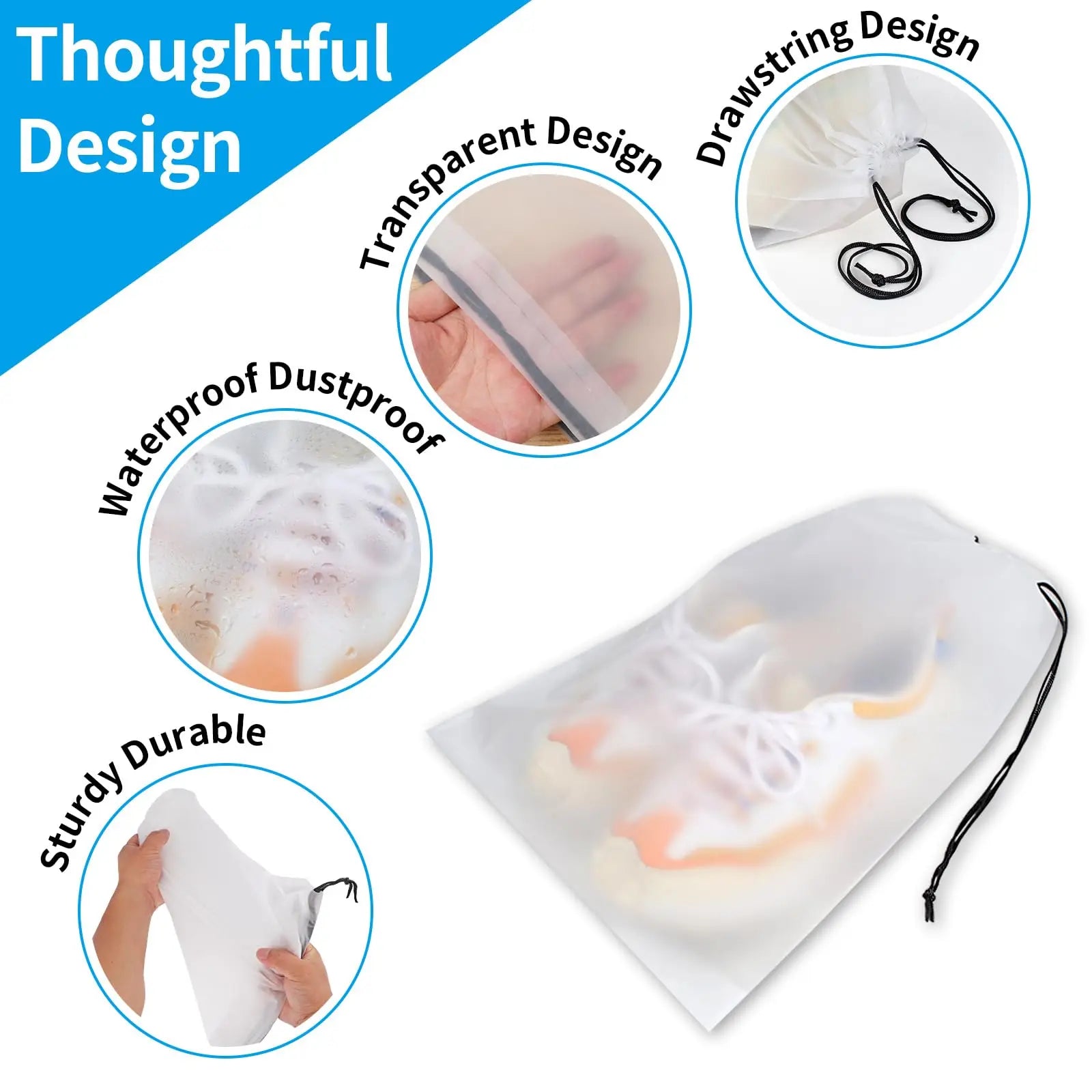 Shoe Bags - Travel Organizer - Shoe Storage - Suitcase Organizers - Transparent - Water-Repellent - Dust-Free - Storage Bags - Drawstring - Sneakers - Holiday Accessories - Sports Bag - Camping - White - Large Size - 10 Pieces Wholesale Hub
