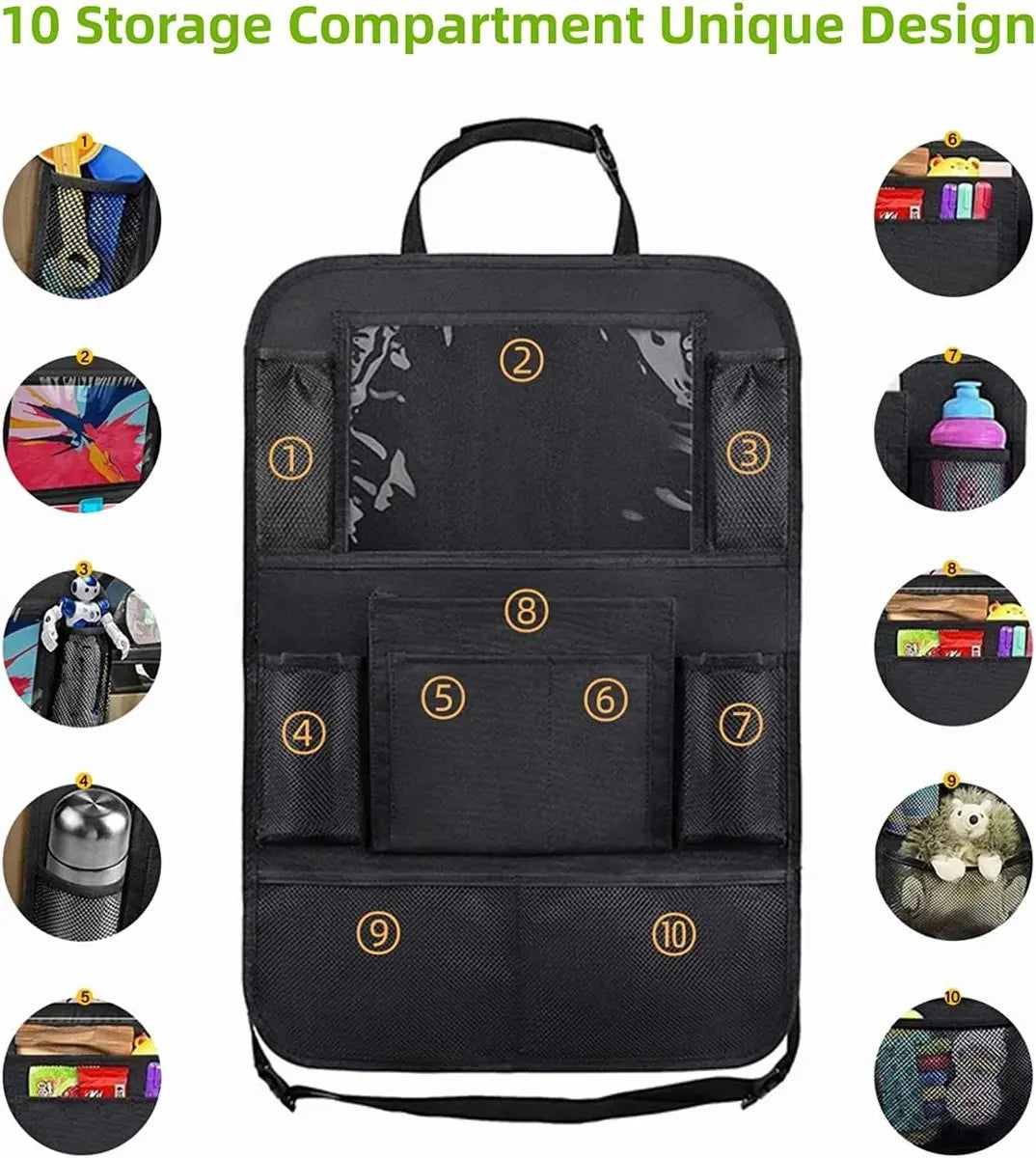 Famanu - Children's Car Organizer, 2 PCS Car Storage Accessories with 24.4 cm iPad Pocket, 10 Pockets for the Car Seat Backrest, Black Wholesale Hub