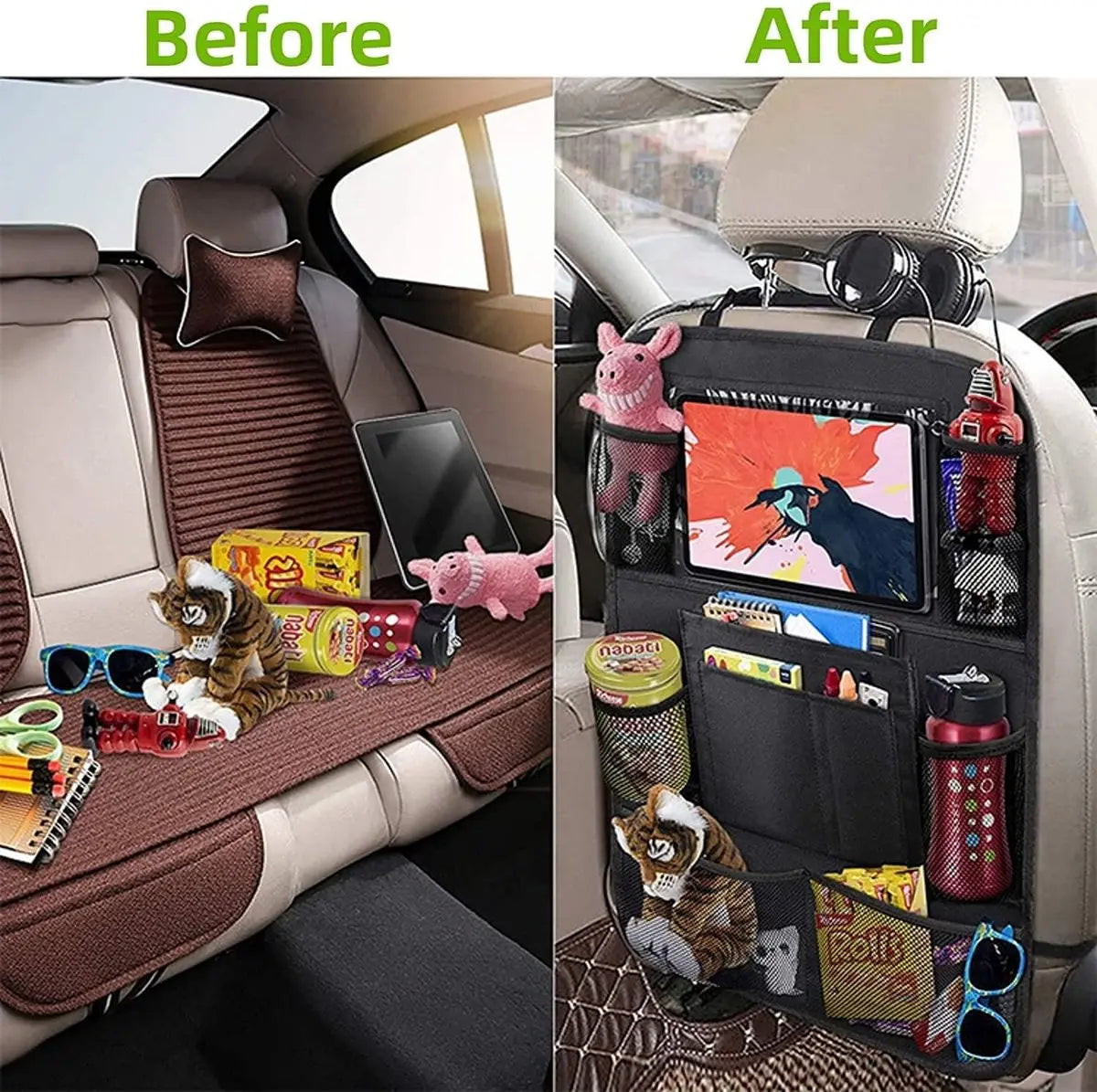 Famanu - Children's Car Organizer, 2 PCS Car Storage Accessories with 24.4 cm iPad Pocket, 10 Pockets for the Car Seat Backrest, Black Wholesale Hub
