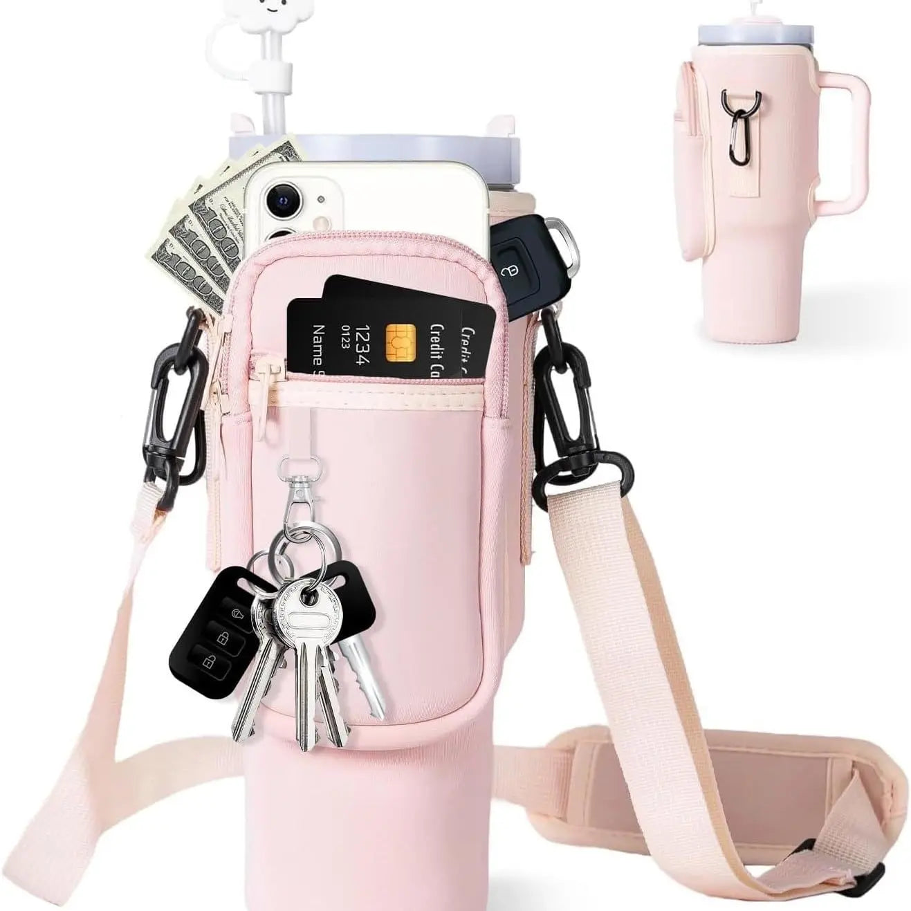 Water Bottle Carrier Bag with Phone Pocket, for Tumbler Water Bottle Holder Pouch with Adjustable Strap Bollus, with Straw Cover and Carabiner, for Cup Accessories,40oz Beige Wholesale Hub
