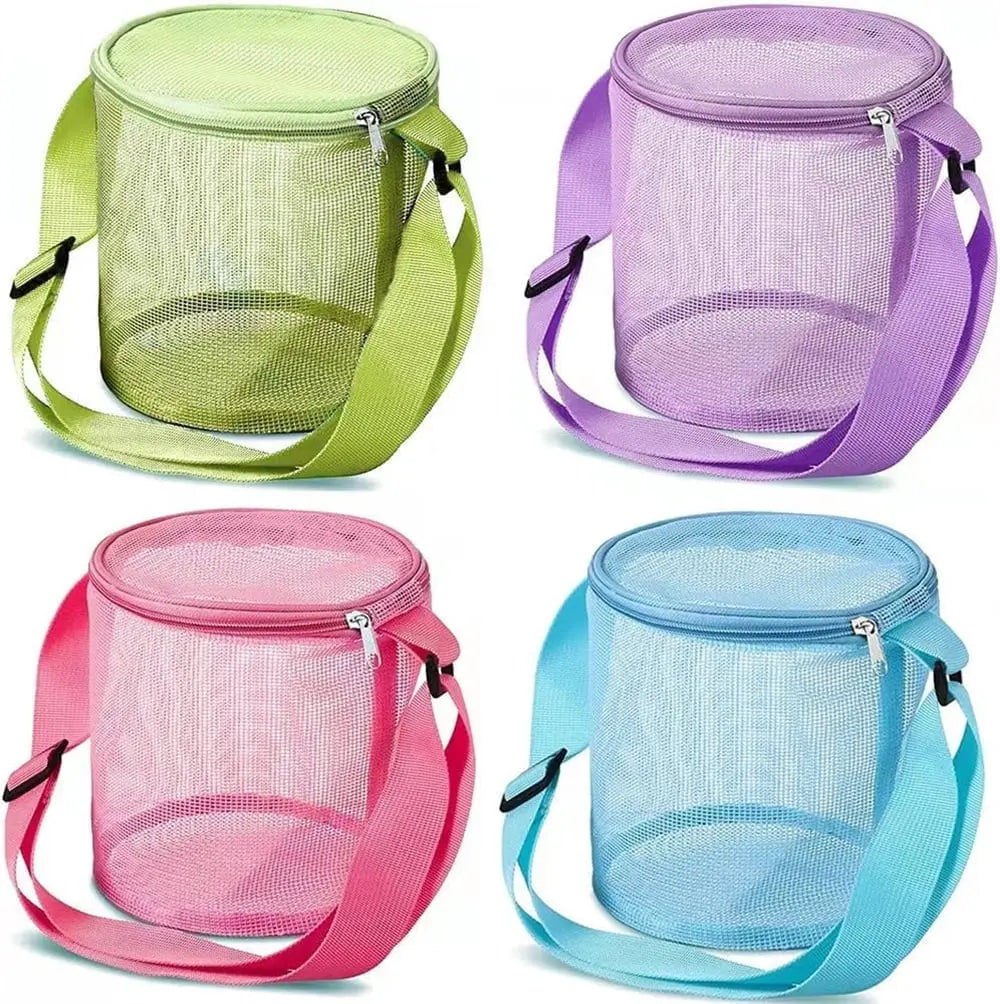 Tutuviw 4Pcs Large Capacity Collecting Bag Cylindrical Mesh Beach Bag Beach Mesh Bag Toys Seashell Backpack with Adjustable Carrying Straps And Zipper for Toys Storage, Random Color Wholesale Hub
