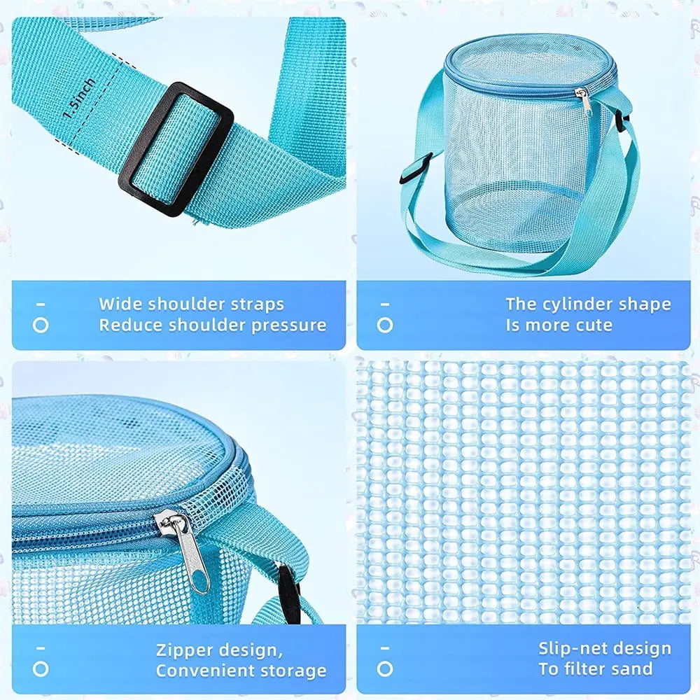 Tutuviw 4Pcs Large Capacity Collecting Bag Cylindrical Mesh Beach Bag Beach Mesh Bag Toys Seashell Backpack with Adjustable Carrying Straps And Zipper for Toys Storage, Random Color Wholesale Hub