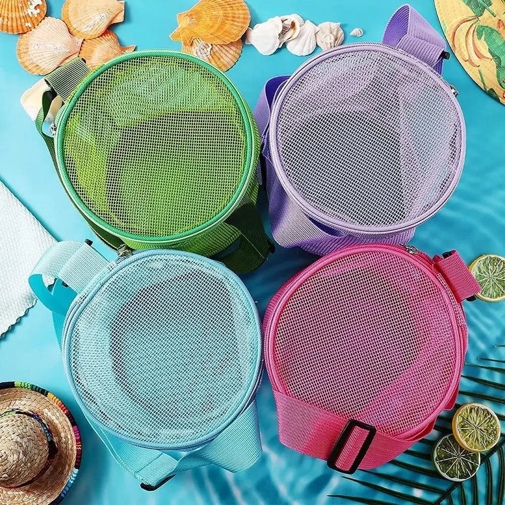Tutuviw 4Pcs Large Capacity Collecting Bag Cylindrical Mesh Beach Bag Beach Mesh Bag Toys Seashell Backpack with Adjustable Carrying Straps And Zipper for Toys Storage, Random Color Wholesale Hub