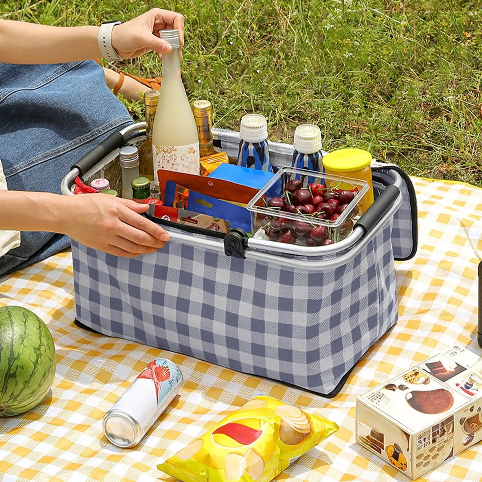 Kdkad Picnic Basket, Collapsible Shopping Basket with Lid Large Market Basket with Handles Reusable Folding Grocery Basket Insulated Cooler Bag for Picnic Travel 47x27x22cm/18.5x10.62x8.66in Black Wholesale Hub
