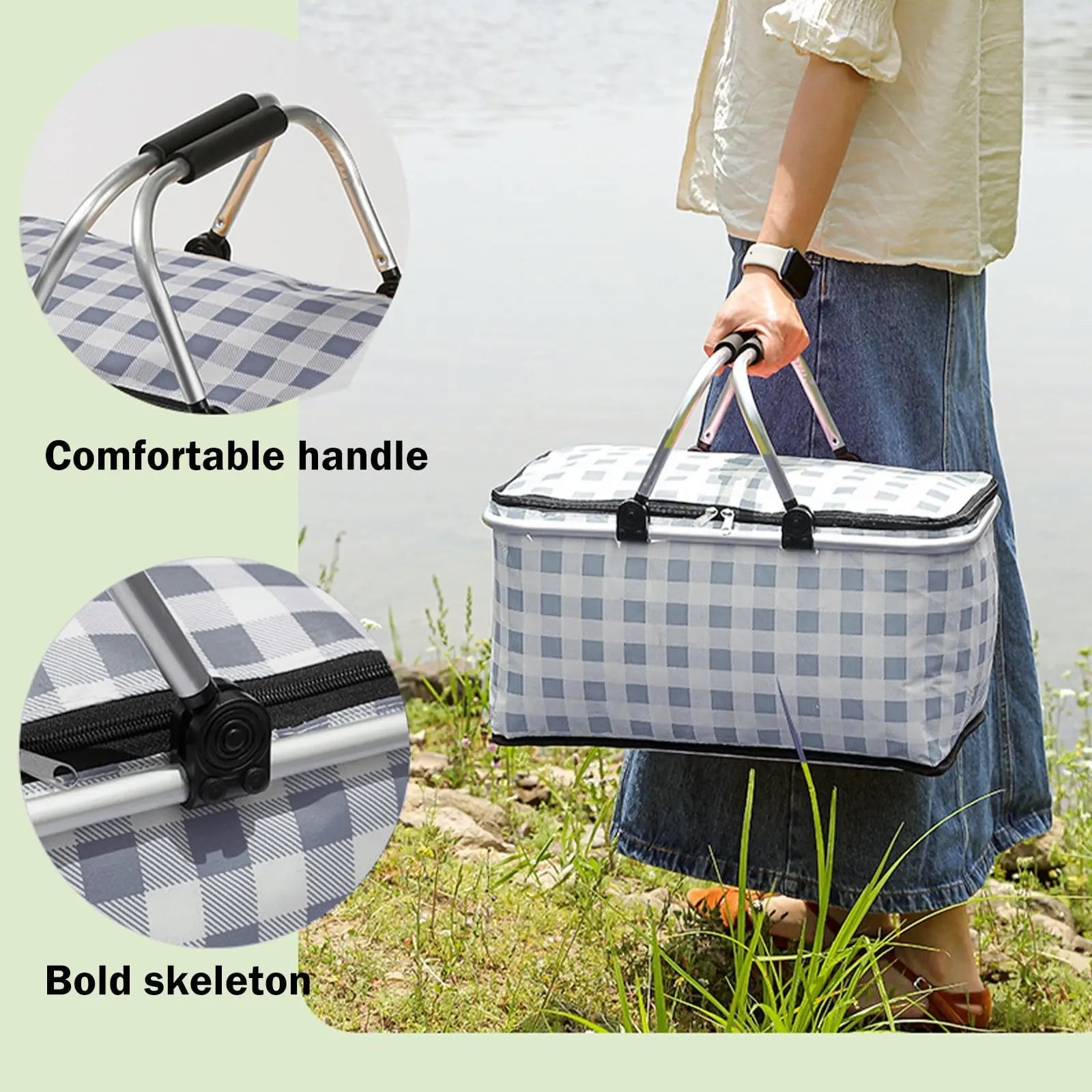 Kdkad Picnic Basket, Collapsible Shopping Basket with Lid Large Market Basket with Handles Reusable Folding Grocery Basket Insulated Cooler Bag for Picnic Travel 47x27x22cm/18.5x10.62x8.66in Black Wholesale Hub