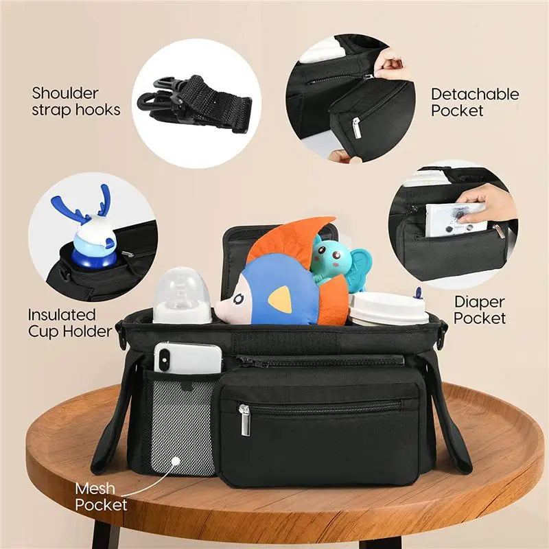 Universal Stroller Organizer with Insulated Cup Holder, Detachable Phone Bag, Shoulder Strap – Fits All Stroller Types, Keeps Drinks Hot/Cold (Black) Wholesale Hub