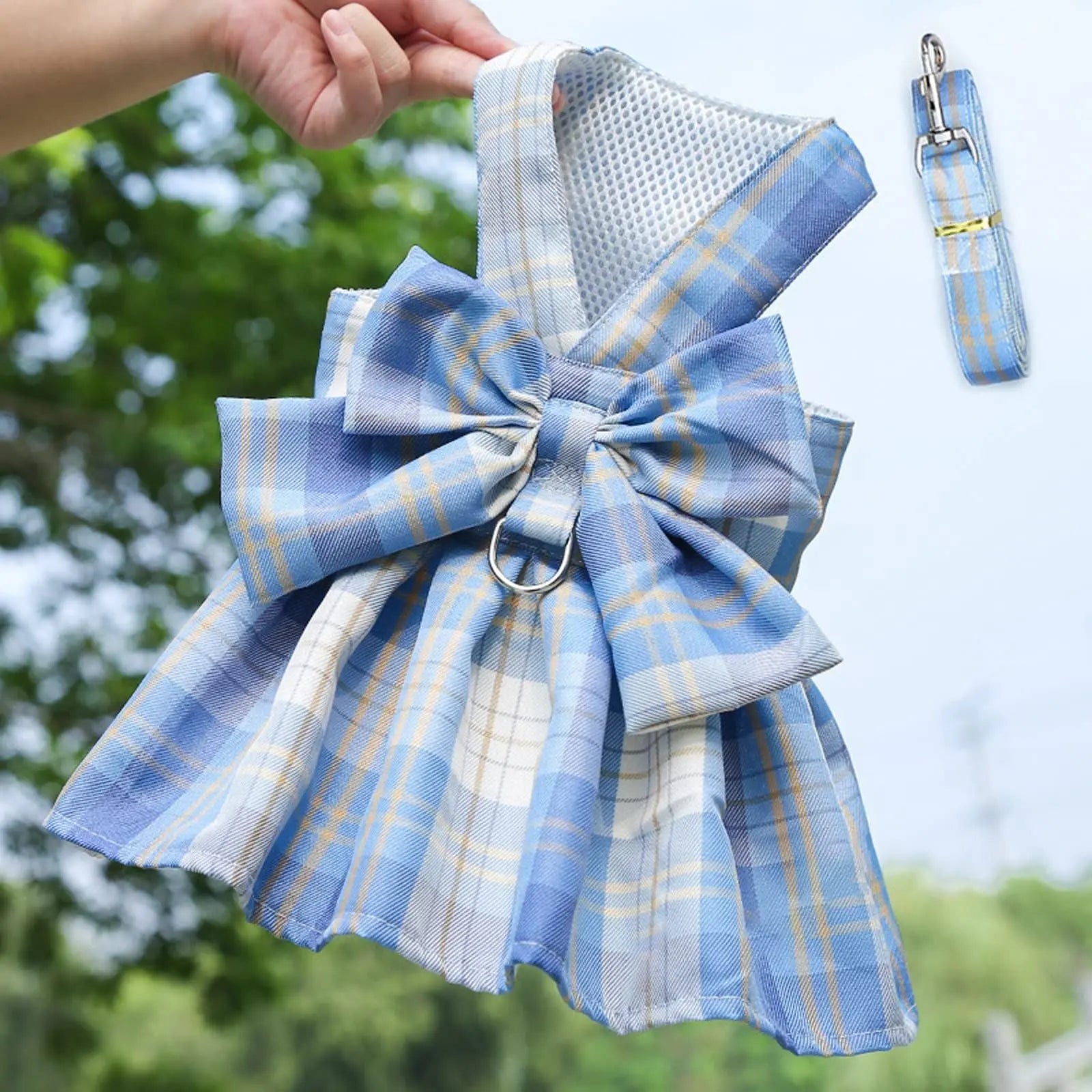 Dog Harness and Leash Set, Cute Bow Tie Plaid Harnesses for Puppy Cat, Adjustable Pet Kitties Vest, Breathable Harness Traction Rope for Boy Girl Small Animal(Skirt Sky Blue,M for 5.5-8.8lbs Dog) Wholesale Hub