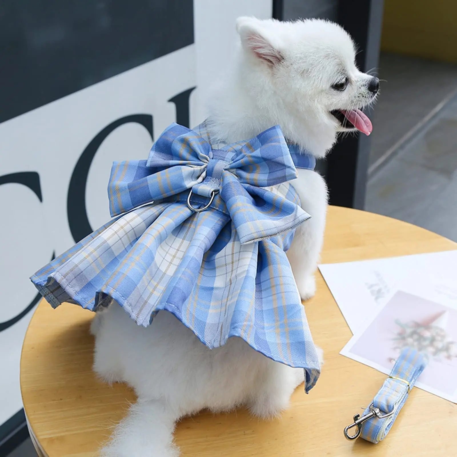 Dog Harness and Leash Set, Cute Bow Tie Plaid Harnesses for Puppy Cat, Adjustable Pet Kitties Vest, Breathable Harness Traction Rope for Boy Girl Small Animal(Skirt Sky Blue,M for 5.5-8.8lbs Dog) Wholesale Hub