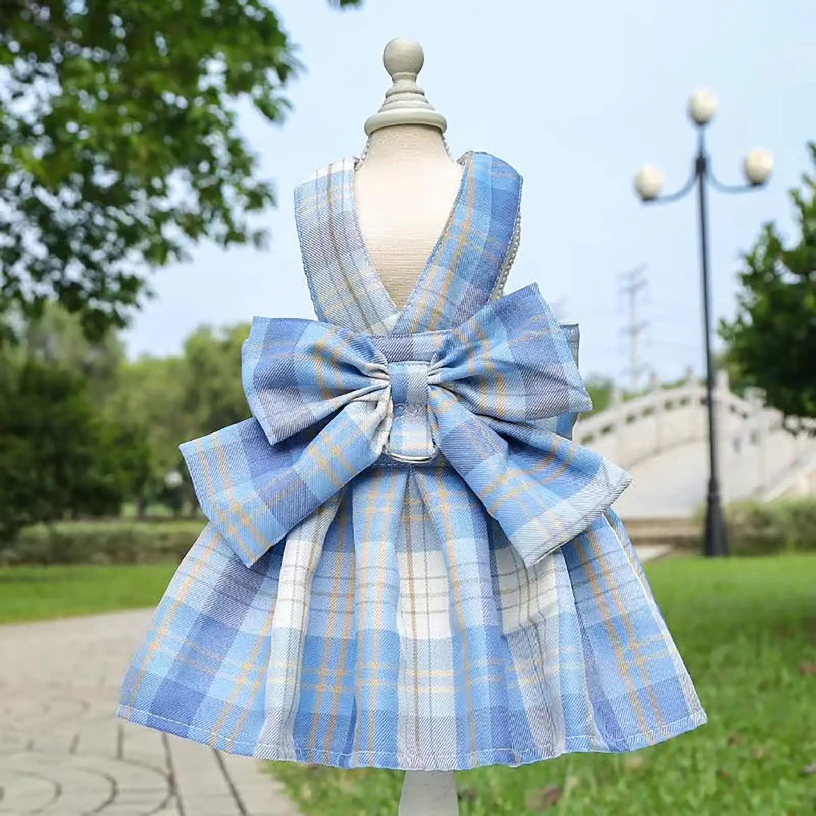 Dog Harness and Leash Set, Cute Bow Tie Plaid Harnesses for Puppy Cat, Adjustable Pet Kitties Vest, Breathable Harness Traction Rope for Boy Girl Small Animal(Skirt Sky Blue,M for 5.5-8.8lbs Dog) Wholesale Hub