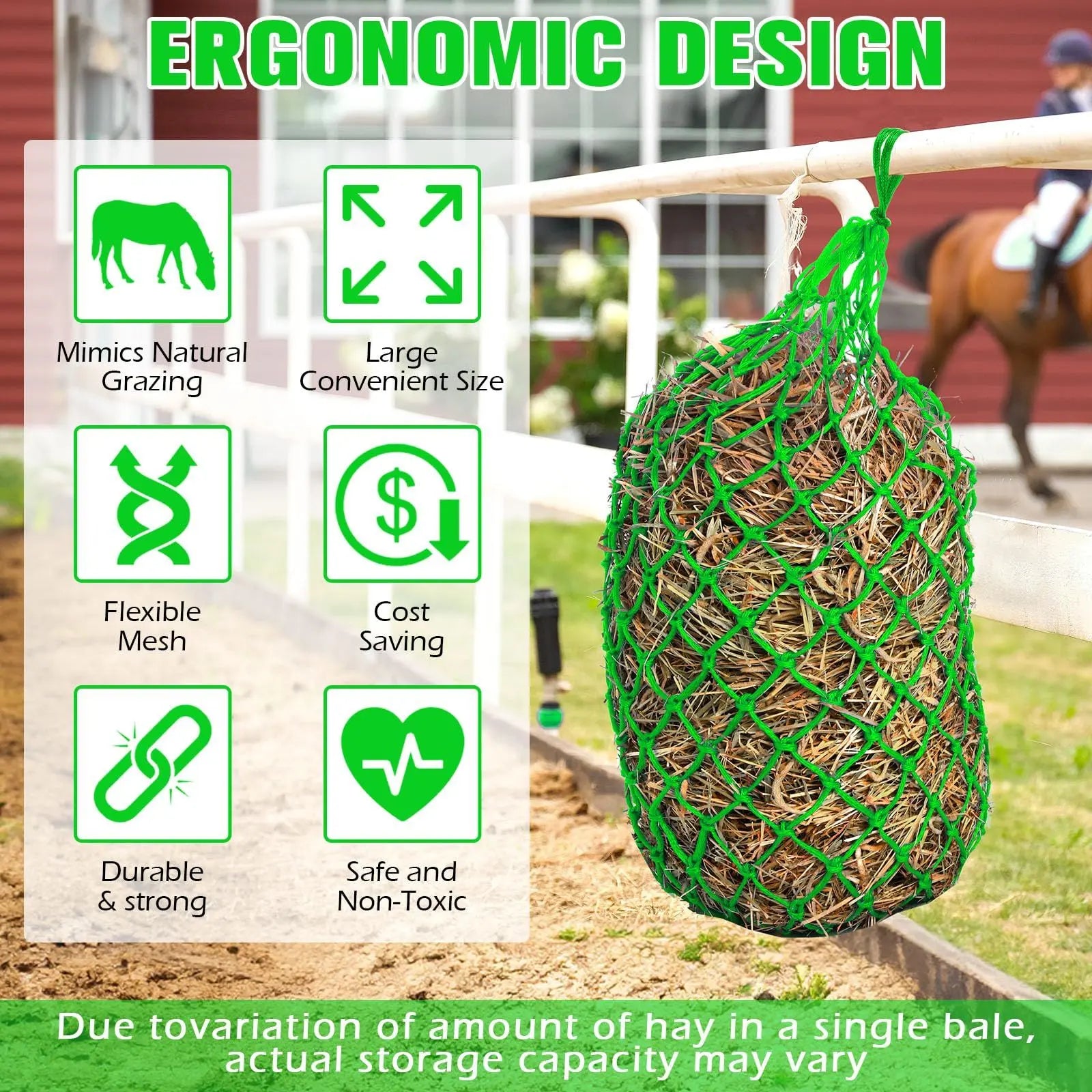 4 Pcs Hay Bags for Horses 40 Inch Slow Feed Hay Nets Bag for Horses Goats Sheep Oxford Hanging Feeder Feeding Supplies for Trailer and Stall Easy to Fill and Hang(Green) Wholesale Hub