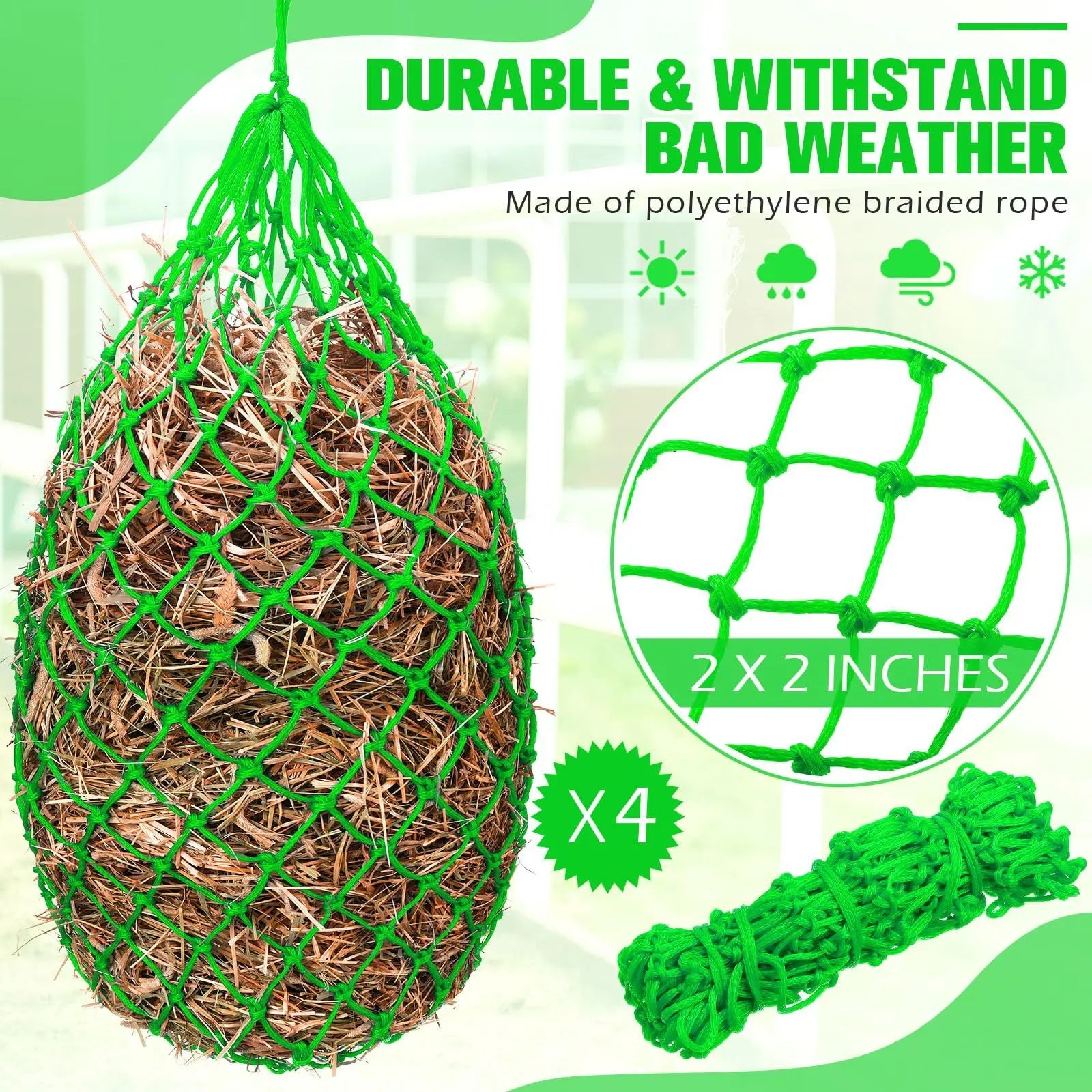 4 Pcs Hay Bags for Horses 40 Inch Slow Feed Hay Nets Bag for Horses Goats Sheep Oxford Hanging Feeder Feeding Supplies for Trailer and Stall Easy to Fill and Hang(Green) Wholesale Hub