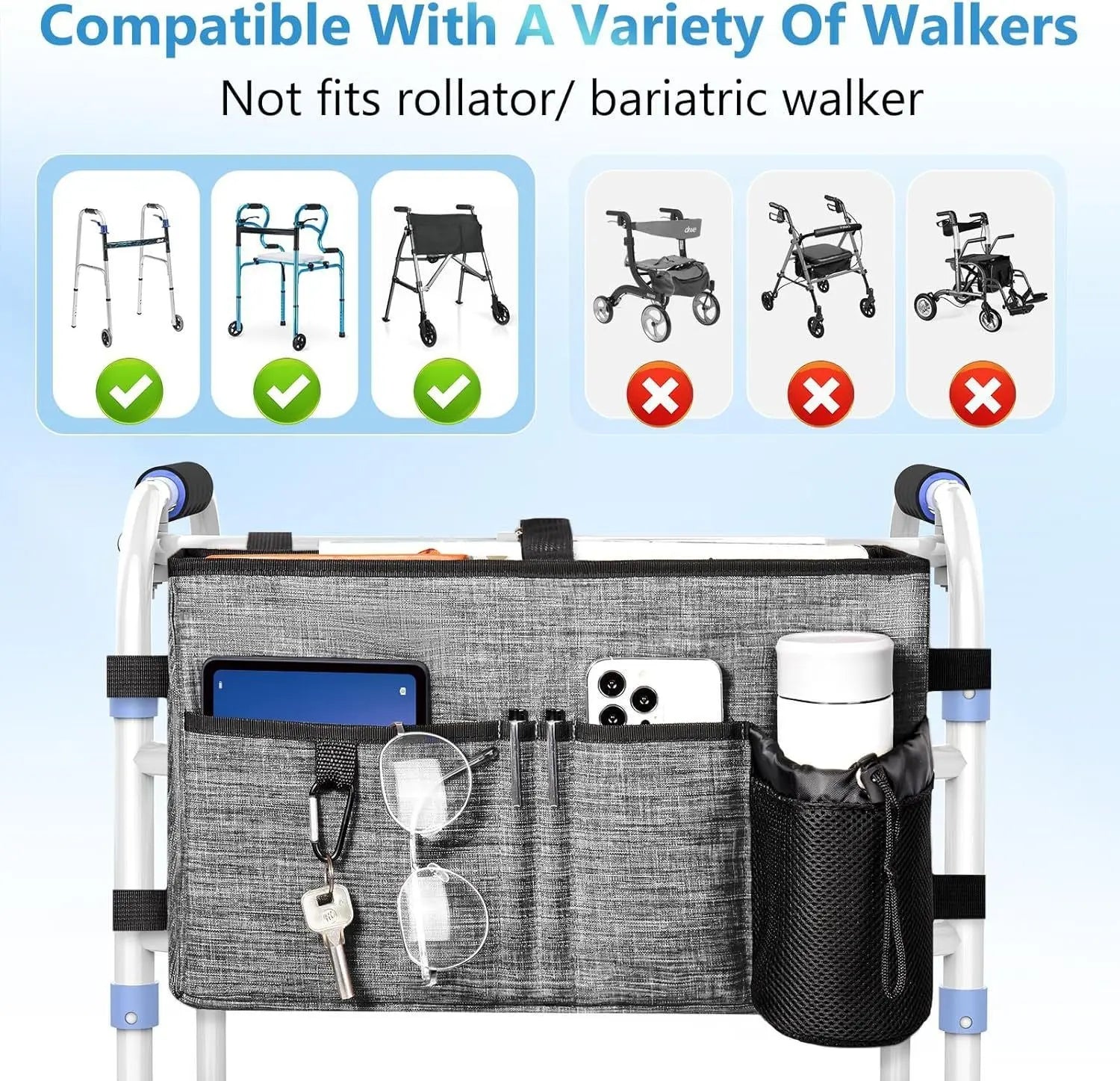 Multi Pockets Folding Walker Basket Tote Bag with Cup Holder, Hand-free Carry Pouch Storage Bag for Universal Walkers, Large Capacity Organizer for Seniors Elderly, Gray Wholesale Hub