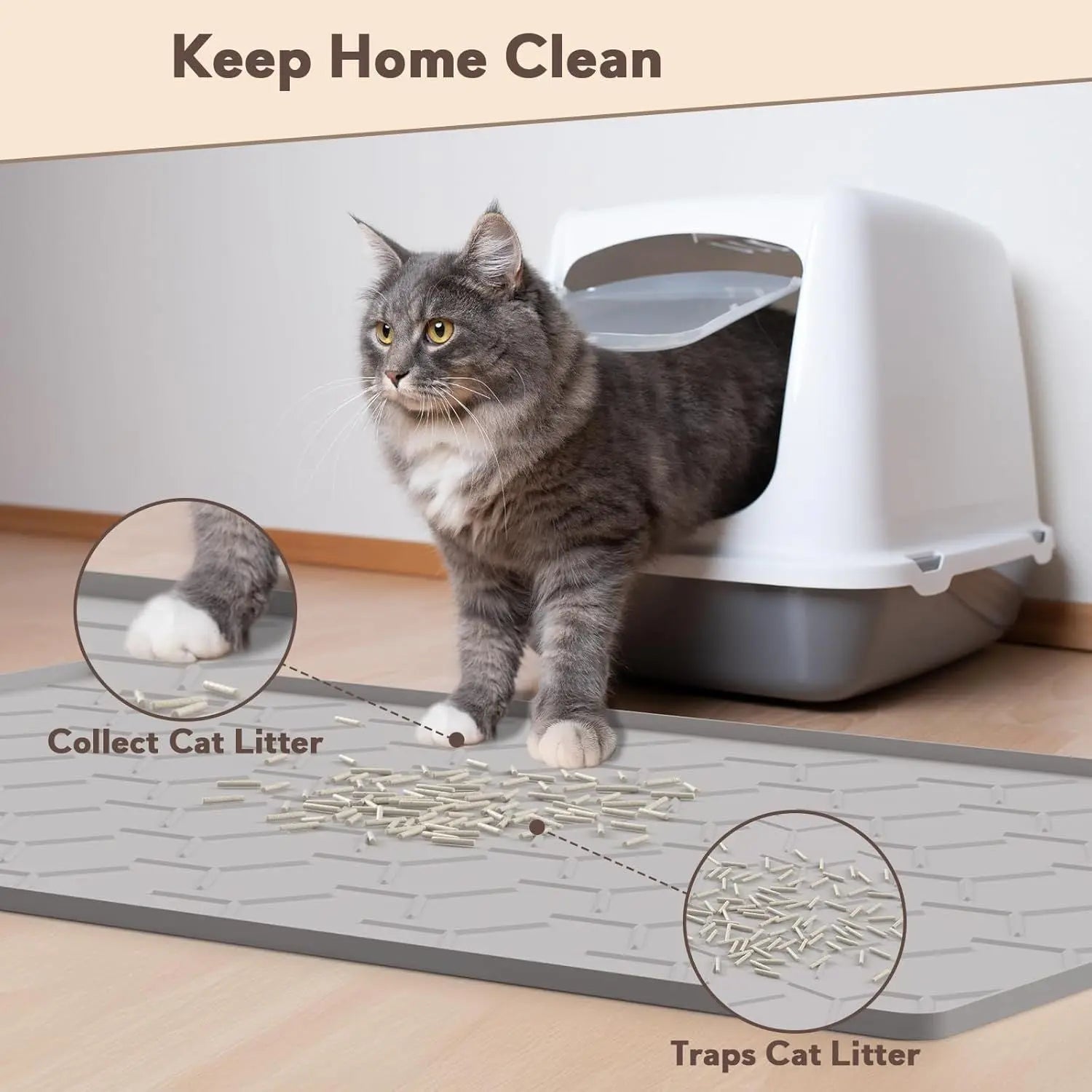 Cat Litter Box Mat, Large 34" X 22" Litter Trapping Mat for Cats, Waterproof Silicone Pad for Floor, Gray Wholesale Hub
