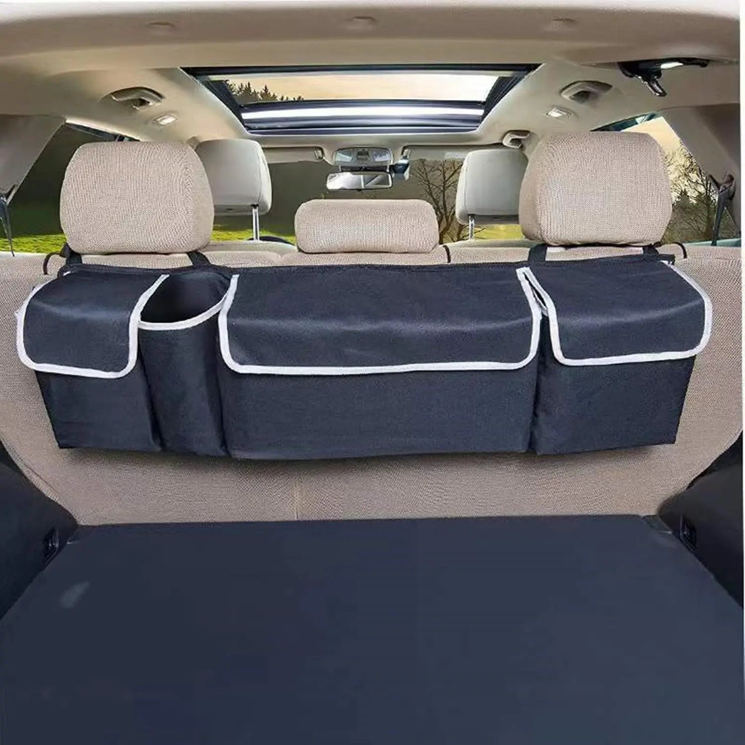Car Trunk Organizer, Backseat Hanging Large Storage with Adjustable Straps, Waterproof Collapsible Cargo Bag with 4 Pockets, (Black) Wholesale Hub