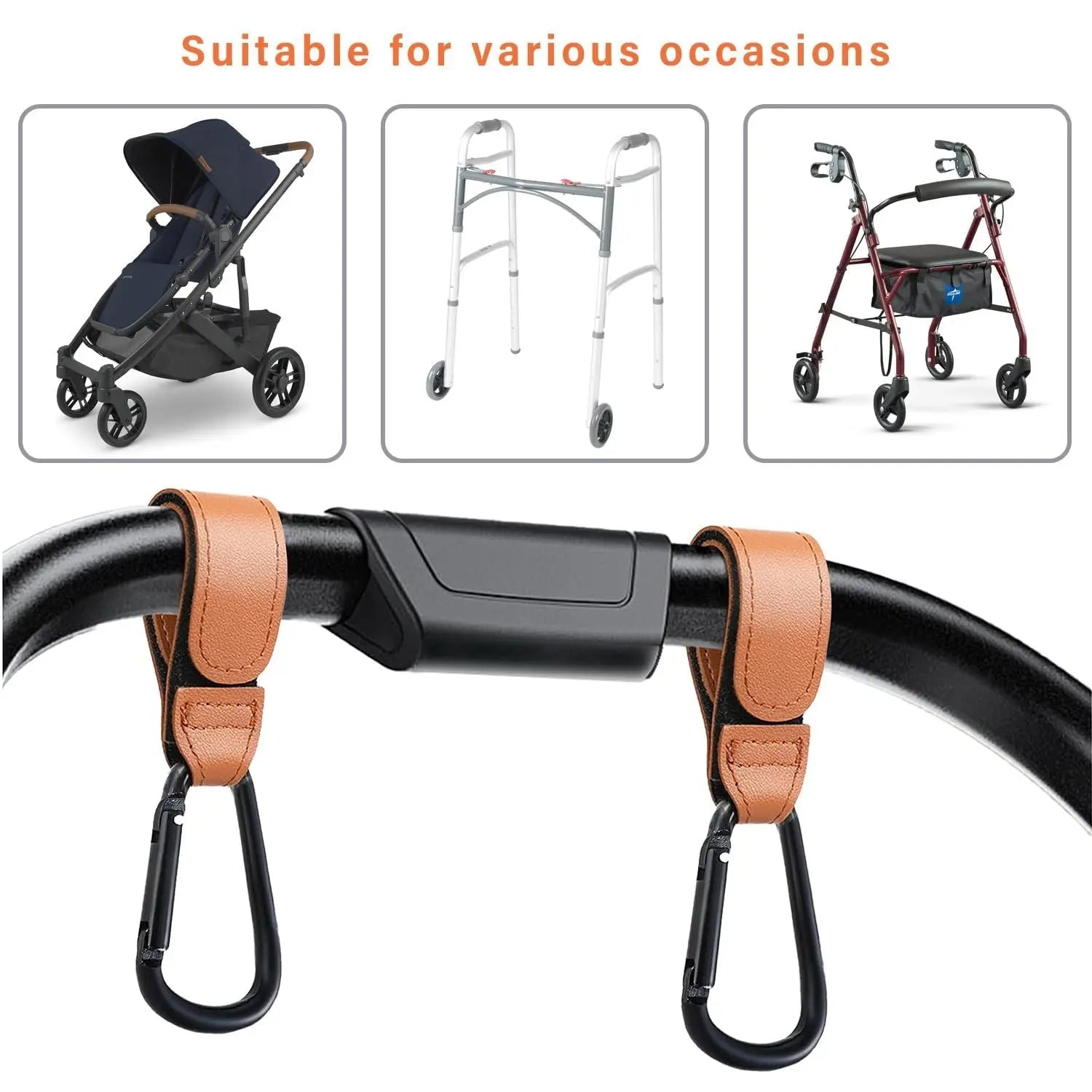 Baby Stroller Hooks Bag Hooks for Hanging Diaper Bags Multipurpose Hooks for Grocery Shopping Bags Premium Vegan Leather Pram Straps 4 Pcs (Brown) Wholesale Hub