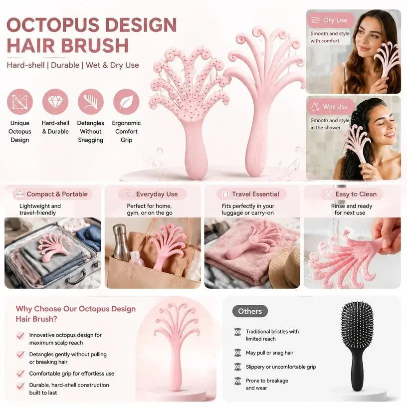 Light Pink Octopus Scalp Massage Brush Gentle Volumising Wet & Dry 1Pcs Wholesale Hub