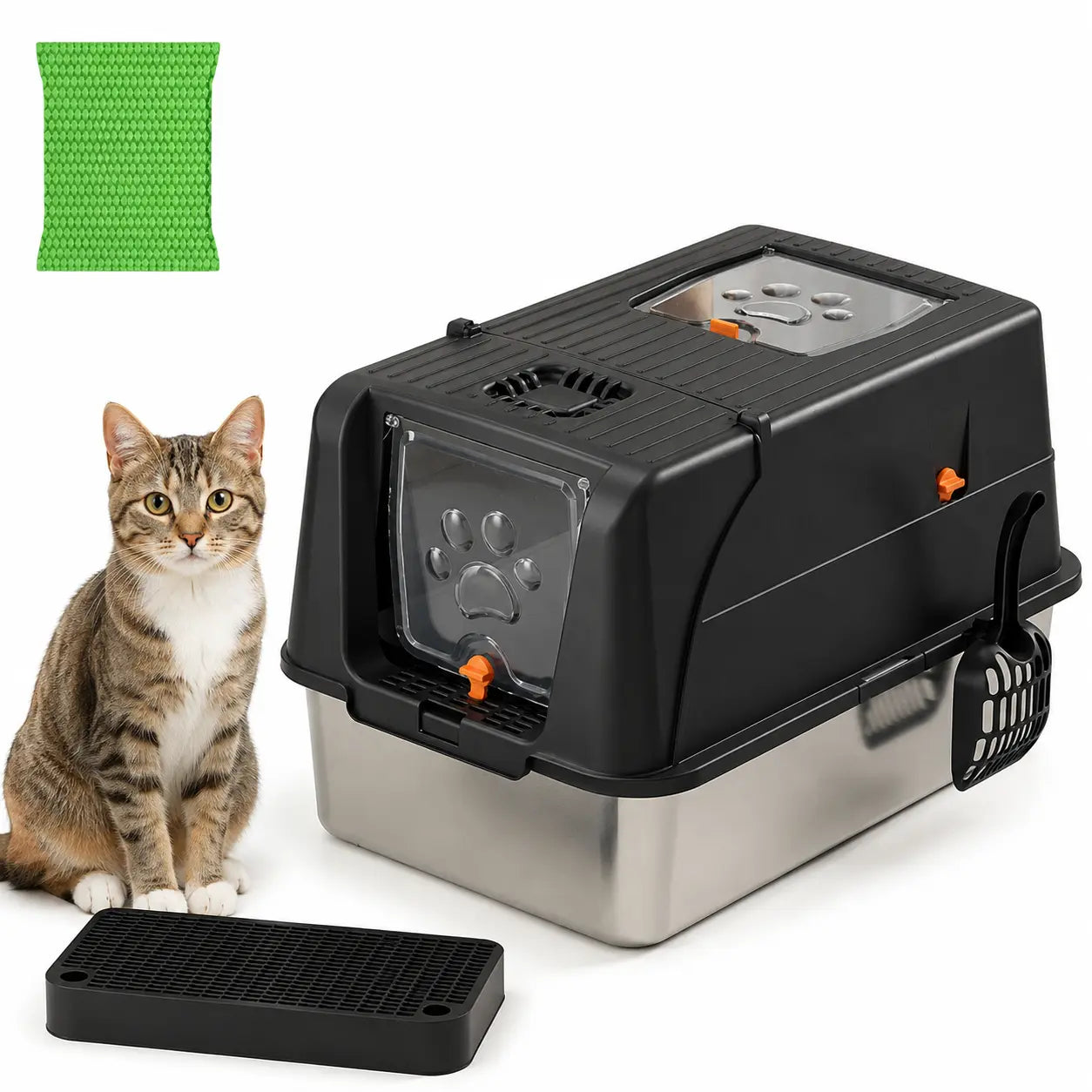 Black Large Stainless Steel Cat Litter Box, Foldable Covered Cat Litter Tray with Square Top & Square Door, Front Entry Top Exit, Anti Tracking Mat, Scoop and Charcoal Filter Wholesale Hub
