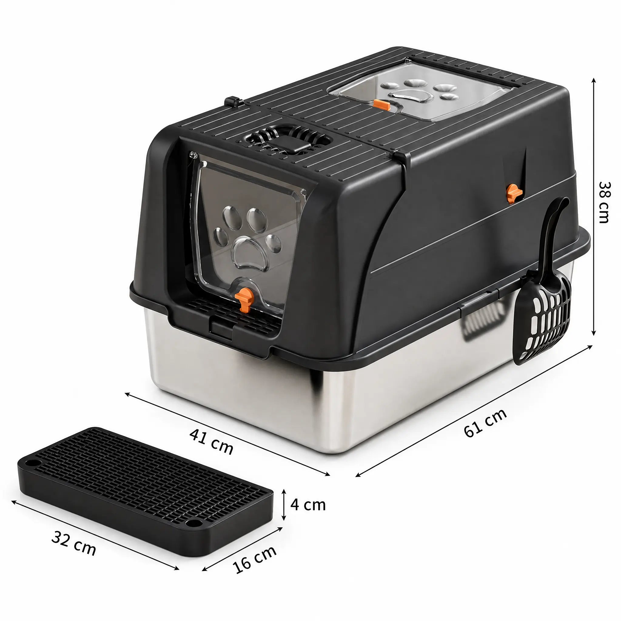 Black Large Stainless Steel Cat Litter Box, Foldable Covered Cat Litter Tray with Square Top & Square Door, Front Entry Top Exit, Anti Tracking Mat, Scoop and Charcoal Filter Wholesale Hub