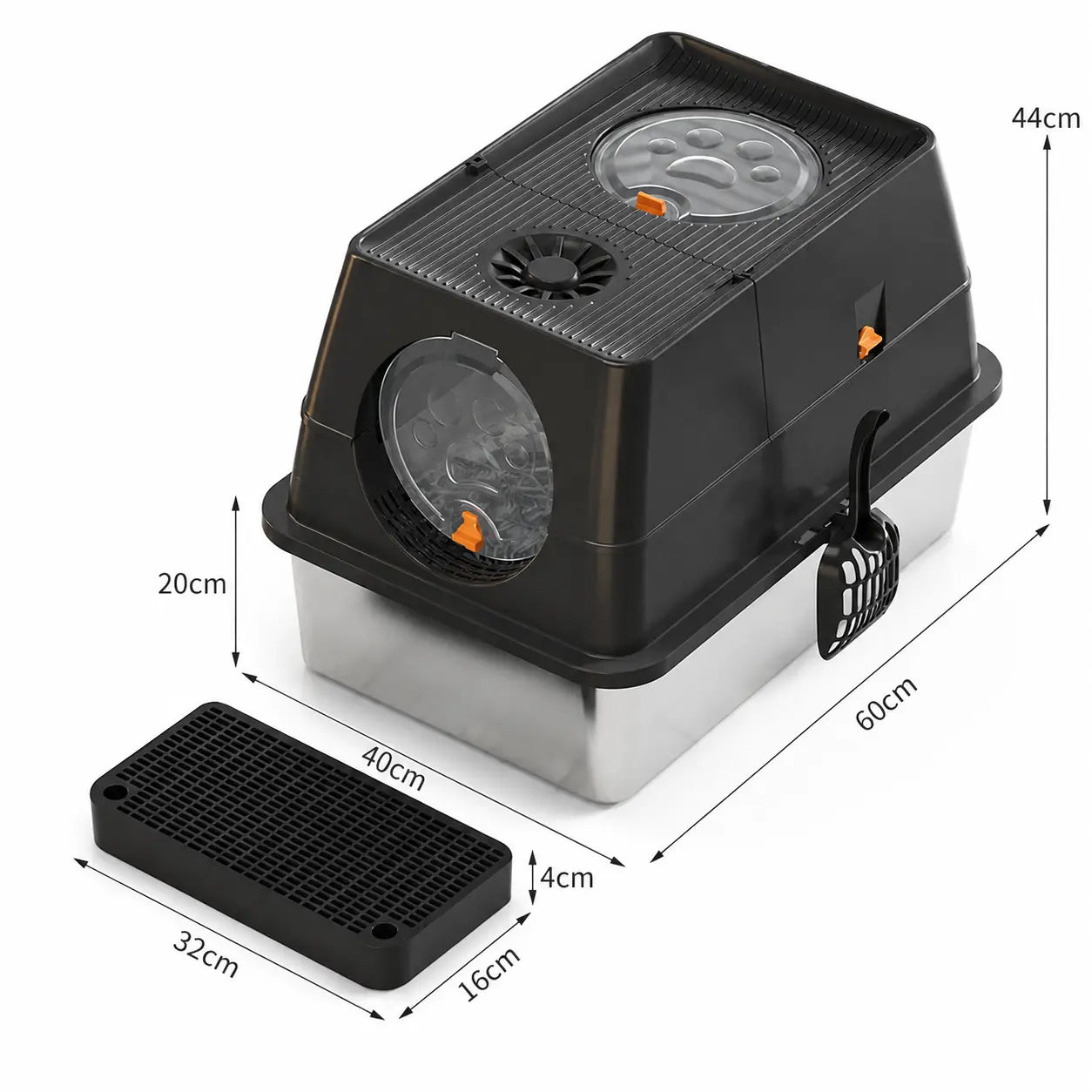 Black Extra Large Stainless Steel Cat Litter Box, Foldable Covered Cat Litter Tray with Round Top & Round Door, Front Entry Top Exit, Anti Tracking Mat, Scoop and Charcoal Filter Wholesale Hub