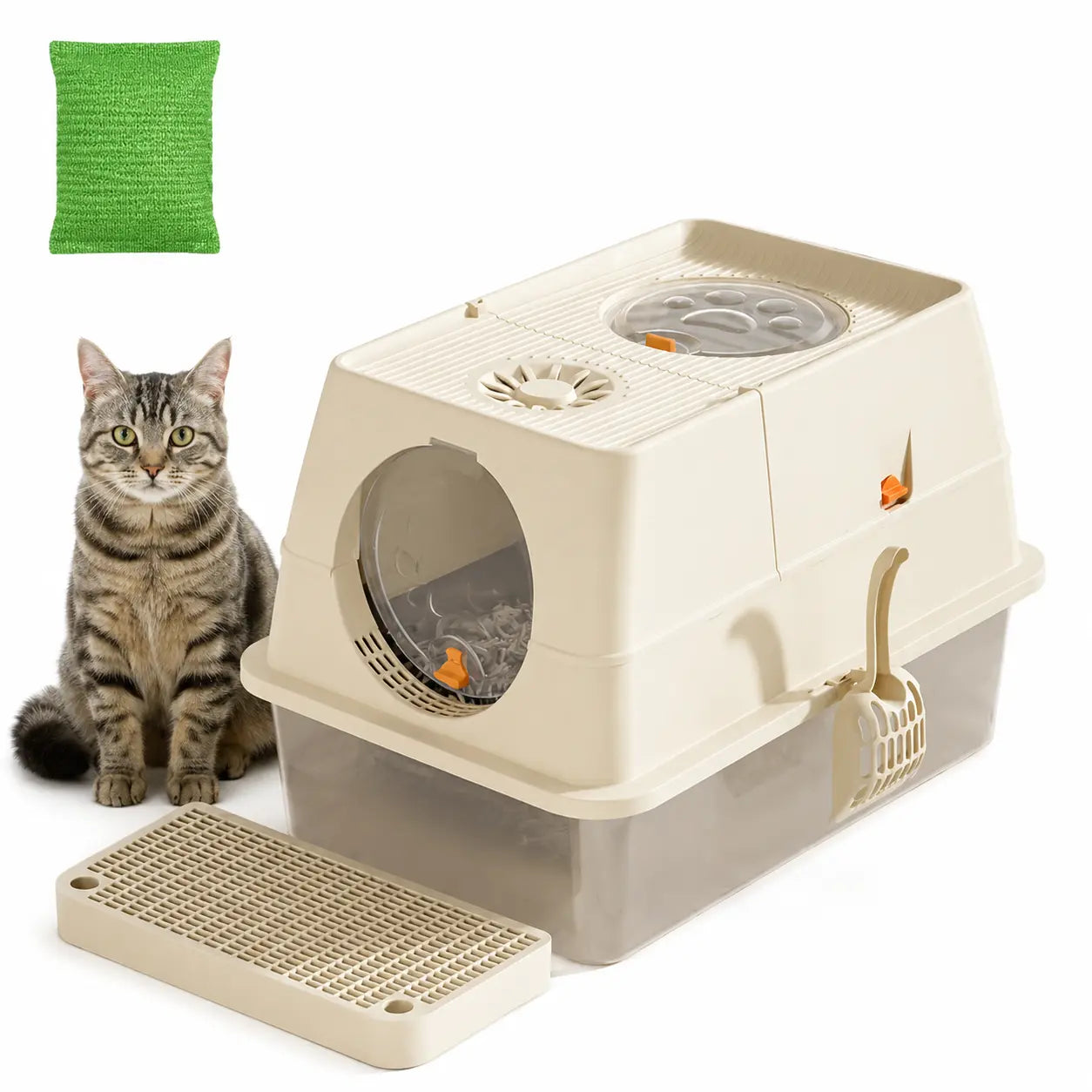 Cream White Extra Large Stainless Steel Cat Litter Box, Foldable Covered Cat Litter Tray with Round Top & Round Door, Front Entry Top Exit, Anti Tracking Mat, Scoop and Charcoal Filter Wholesale Hub