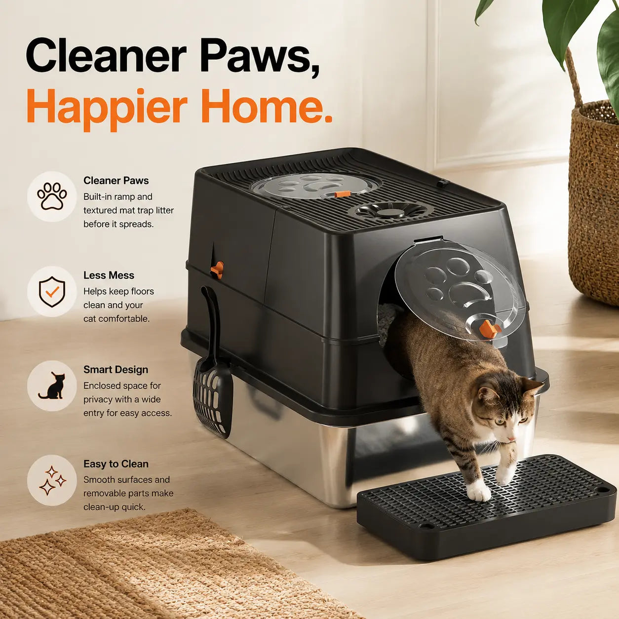 Cream White Extra Large Stainless Steel Cat Litter Box, Foldable Covered Cat Litter Tray with Round Top & Round Door, Front Entry Top Exit, Anti Tracking Mat, Scoop and Charcoal Filter Wholesale Hub