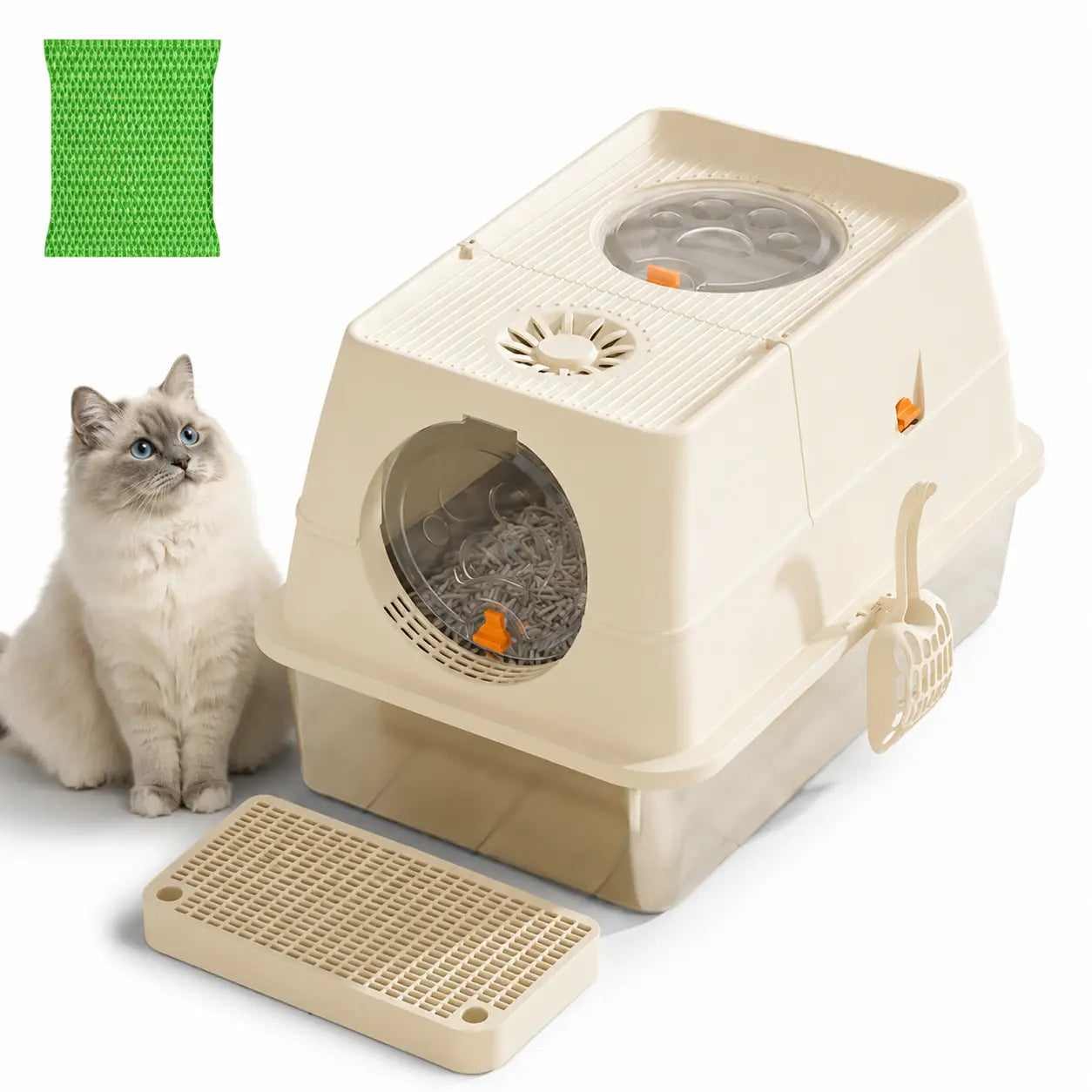 Cream White Large Stainless Steel Cat Litter Box, Foldable Covered Cat Litter Tray with Round Top & Round Door, Front Entry Top Exit, Anti Tracking Mat, Scoop and Charcoal Filter Wholesale Hub