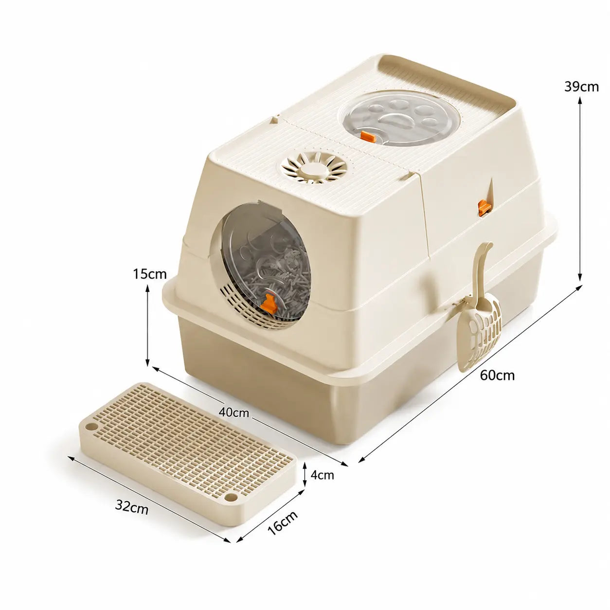 Cream White Large Stainless Steel Cat Litter Box, Foldable Covered Cat Litter Tray with Round Top & Round Door, Front Entry Top Exit, Anti Tracking Mat, Scoop and Charcoal Filter Wholesale Hub