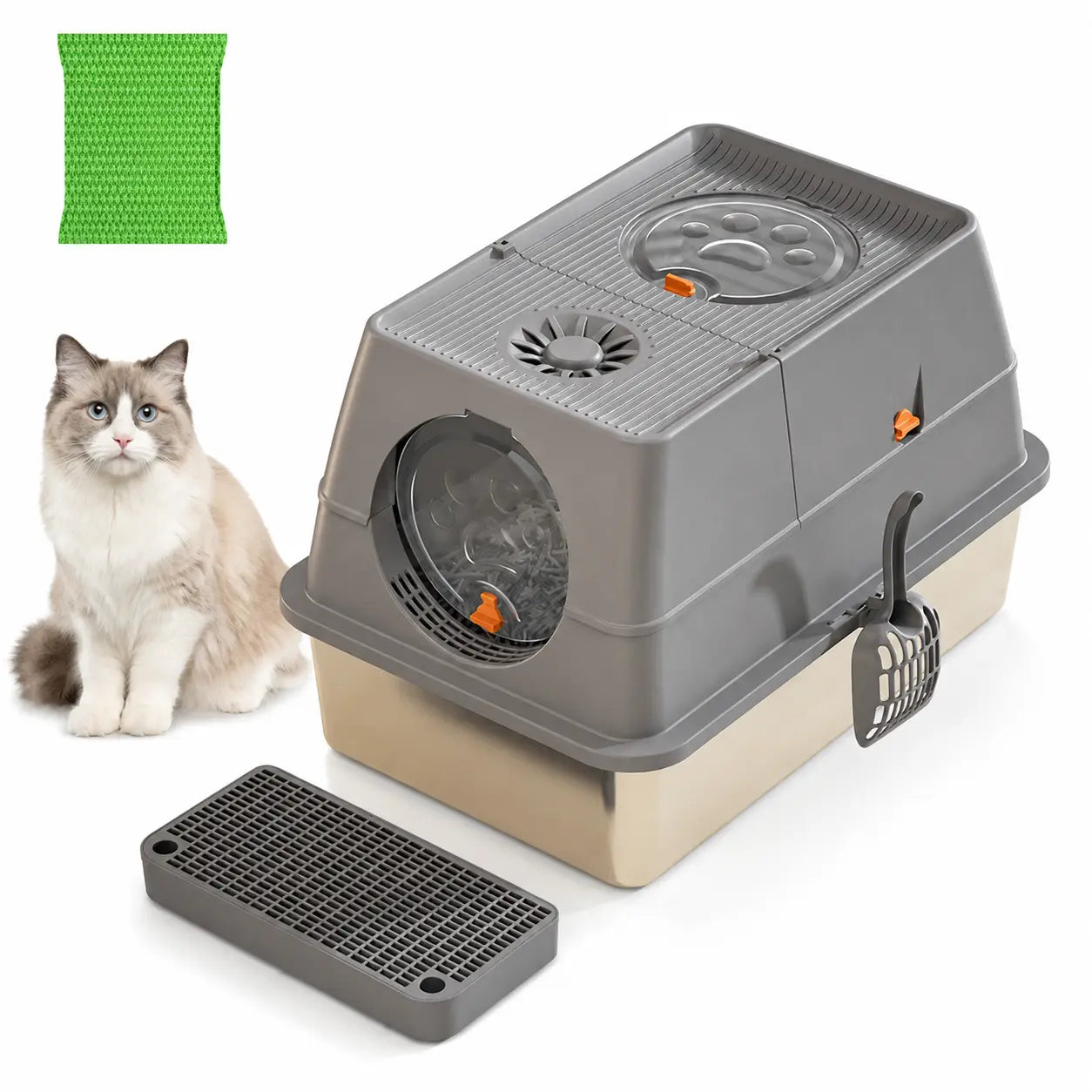 Dark Grey Large Stainless Steel Cat Litter Box, Foldable Covered Cat Litter Tray with Round Top & Round Door, Front Entry Top Exit, Anti Tracking Mat, Scoop and Charcoal Filter Wholesale Hub