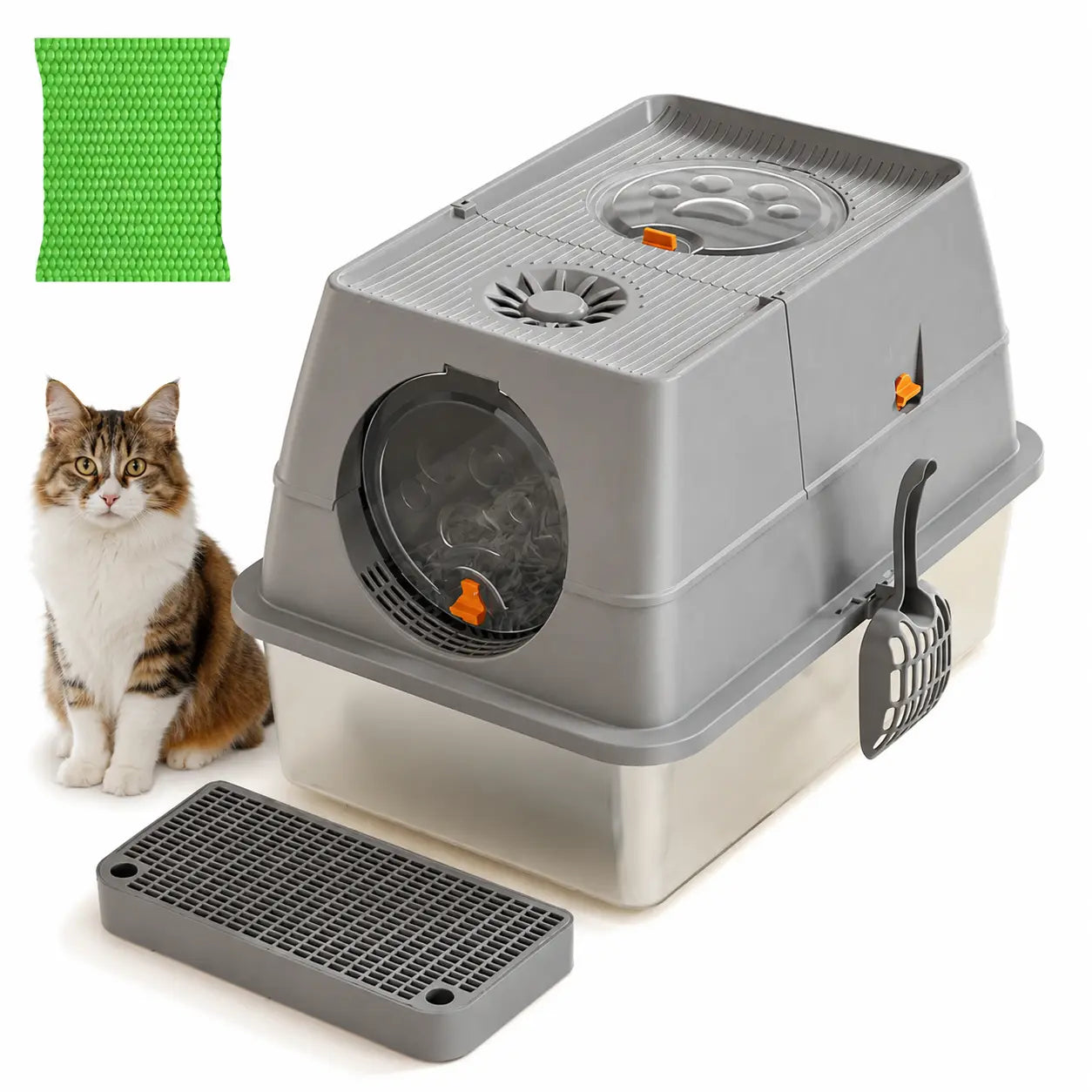 Dark Grey Large Stainless Steel Cat Litter Box, Foldable Covered Cat Litter Tray with Square Top & Square Door, Front Entry Top Exit, Anti Tracking Mat, Scoop and Charcoal Filter Wholesale Hub