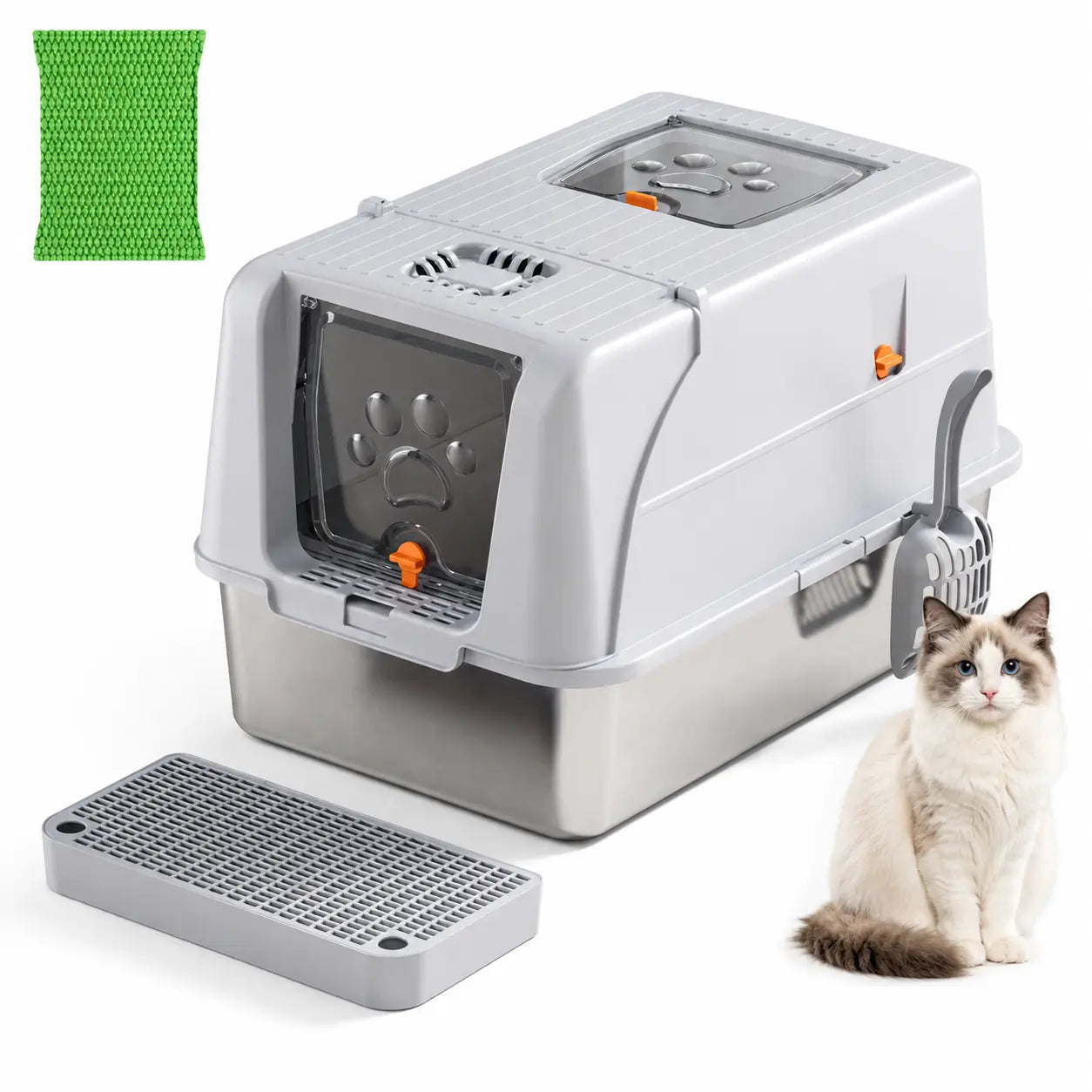 Light Grey Large Stainless Steel Cat Litter Box, Foldable Covered Cat Litter Tray with Square Top & Square Door, Front Entry Top Exit, Anti Tracking Mat, Scoop and Charcoal Filter Wholesale Hub