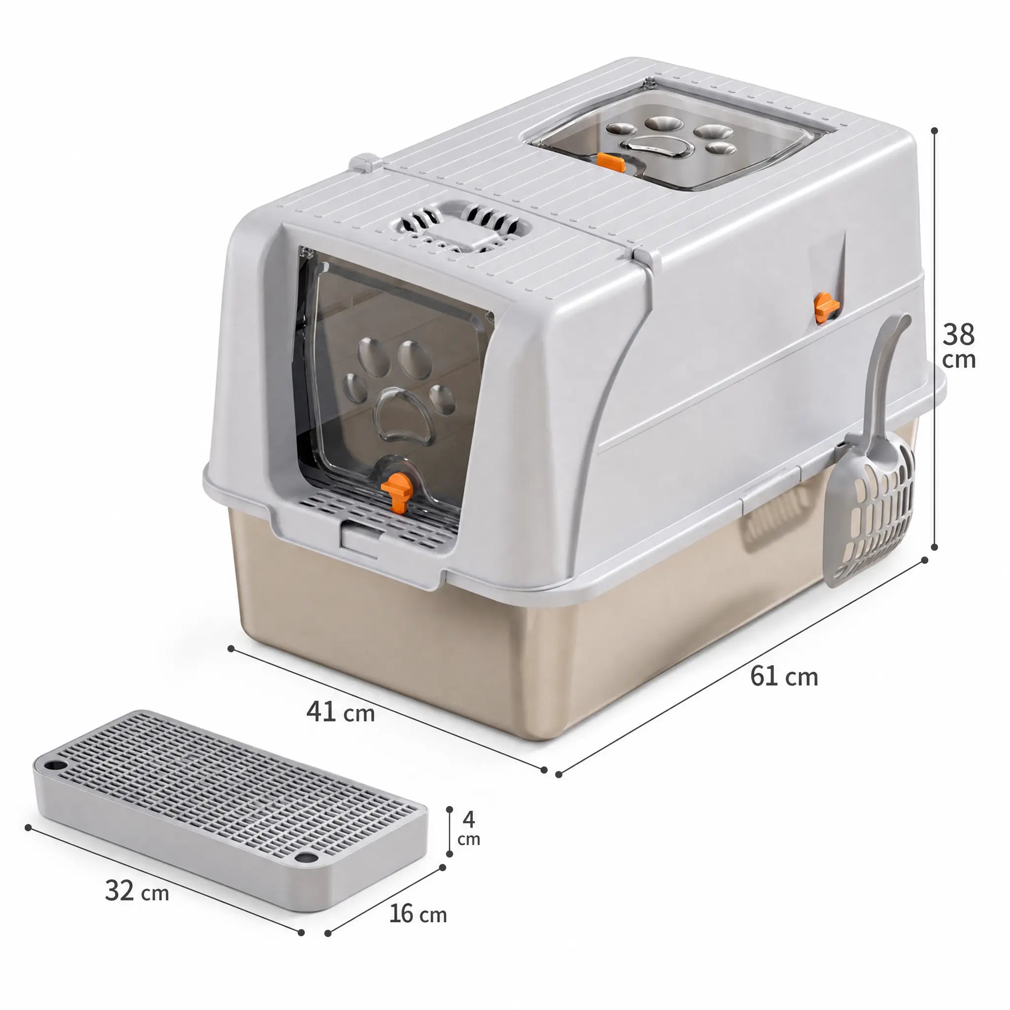 Light Grey Large Stainless Steel Cat Litter Box, Foldable Covered Cat Litter Tray with Square Top & Square Door, Front Entry Top Exit, Anti Tracking Mat, Scoop and Charcoal Filter Wholesale Hub